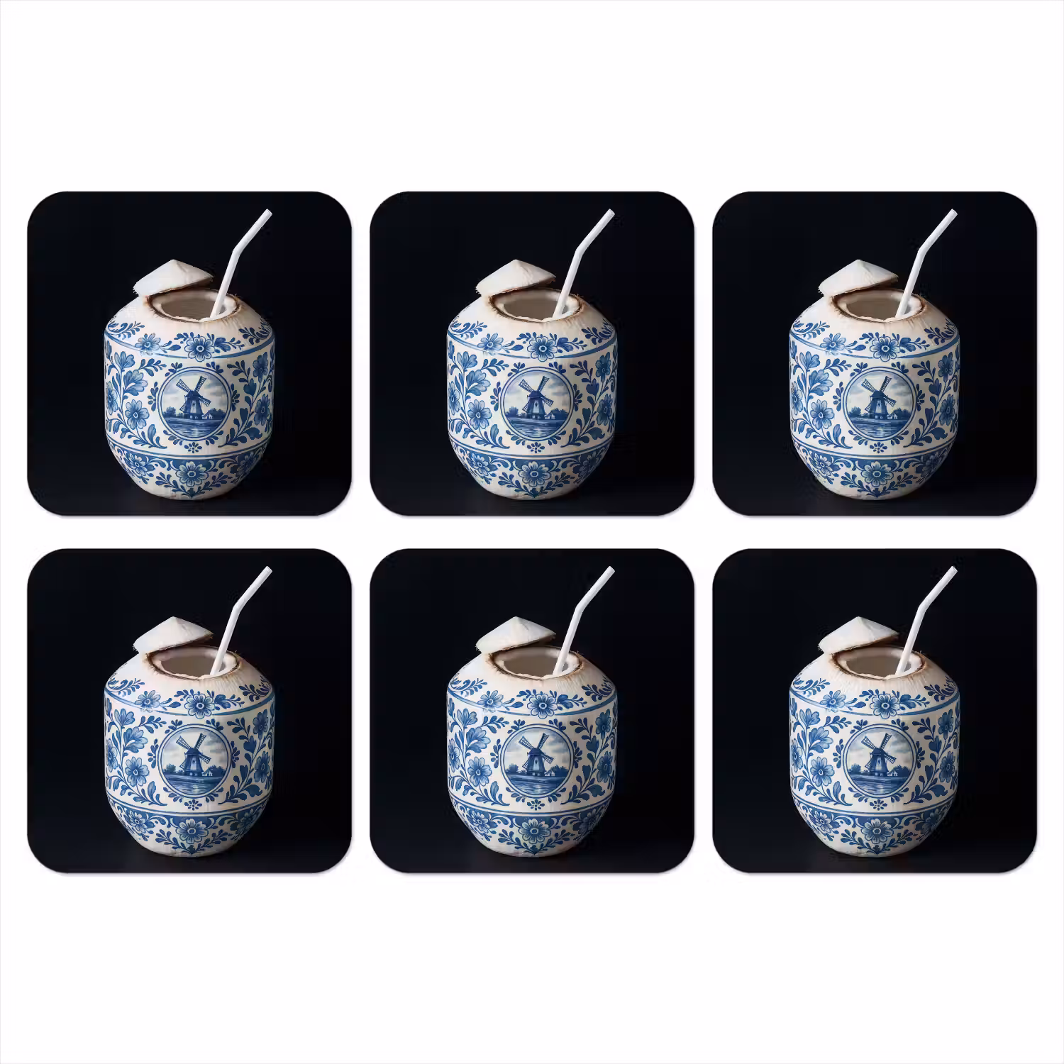 Kokosnoot - Eten - Delfts blauw - Drinken onderzetter kurk middel -3d