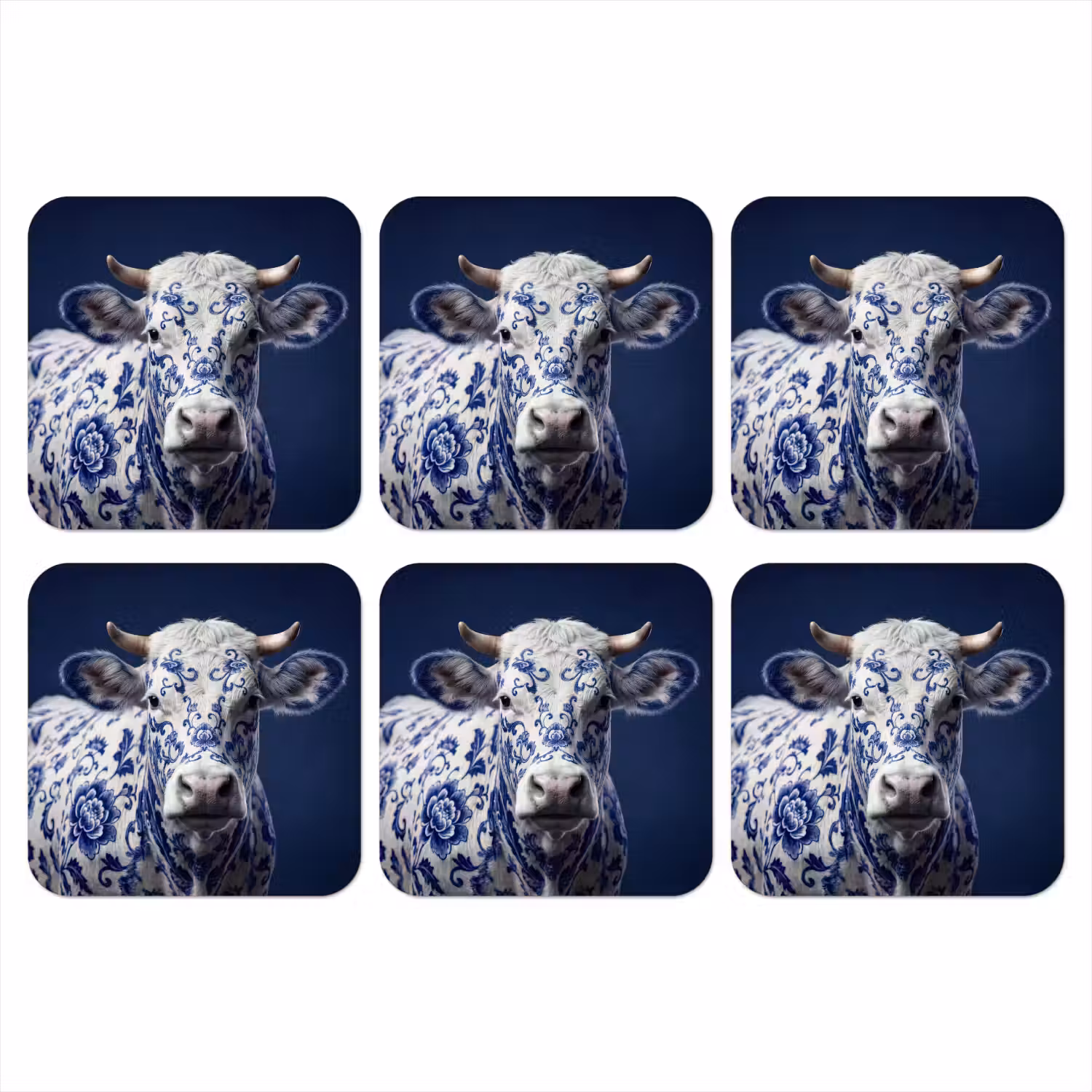 Koe - Delfts - Blauw - Artistiek onderzetter kurk middel -3d