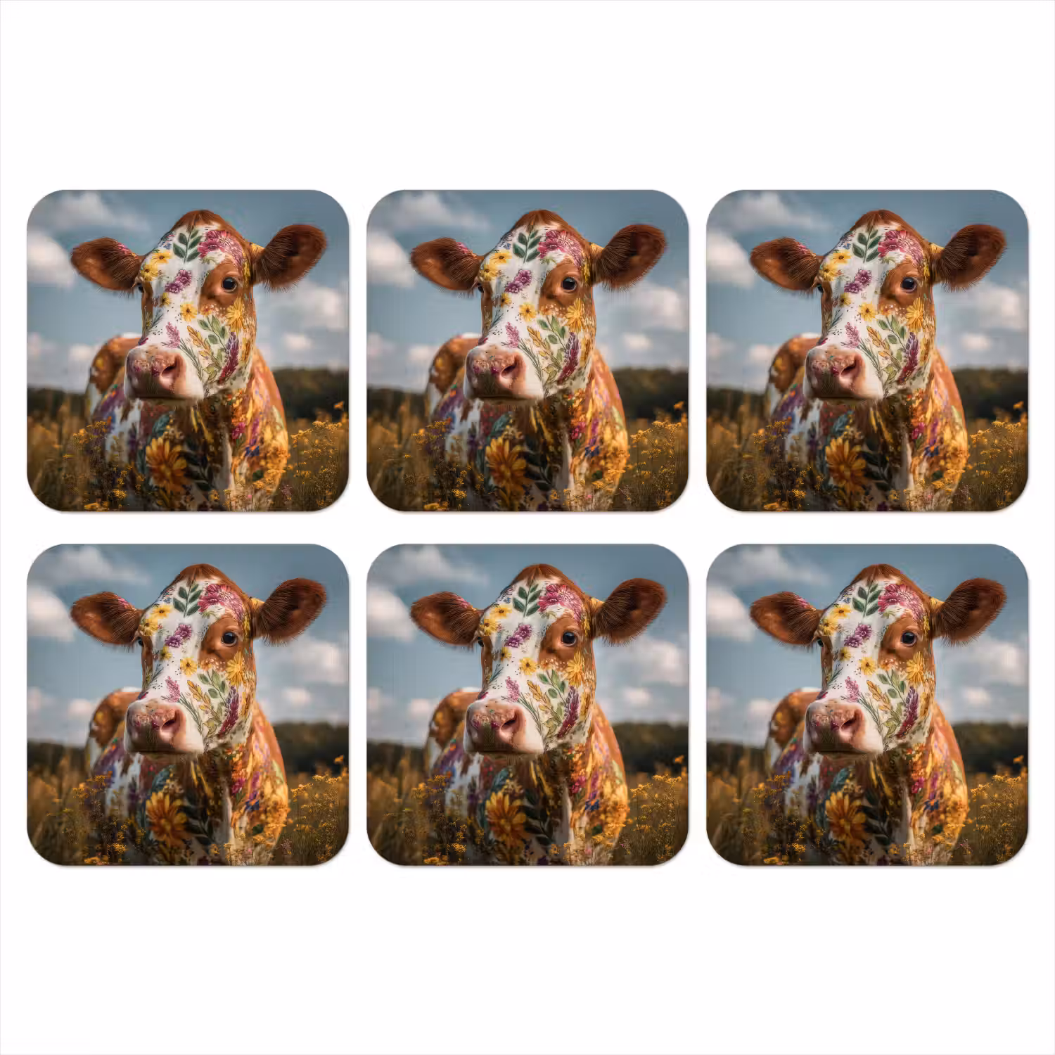 Koe - Bloemen - Weiland onderzetter kurk middel -3d