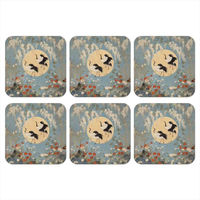 Kraanvogels - Maan - Bloemen - Blauw onderzetter kurk middel -3d