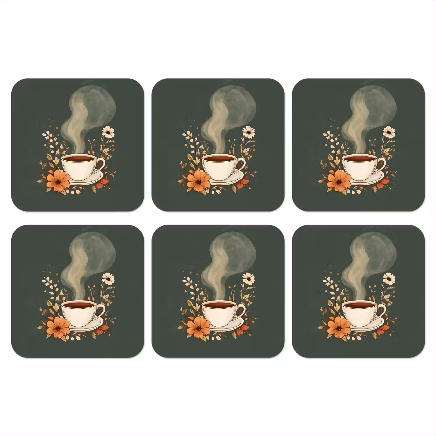 Kop - Bloemen - Groen - Koffie onderzetter kurk middel -3d