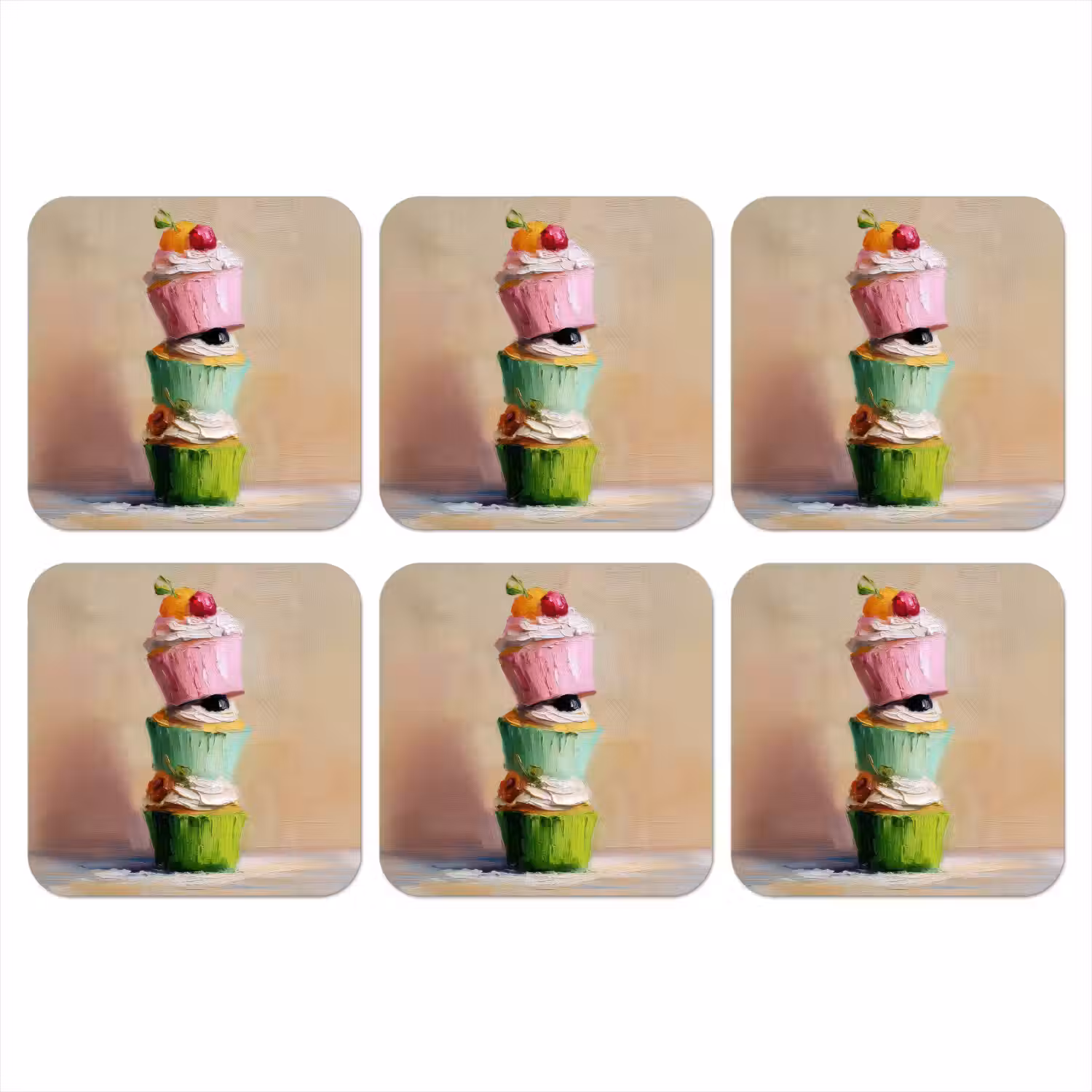 Cupcakes - Gestapeld - Kleurrijk - Fruit onderzetter kurk middel -3d