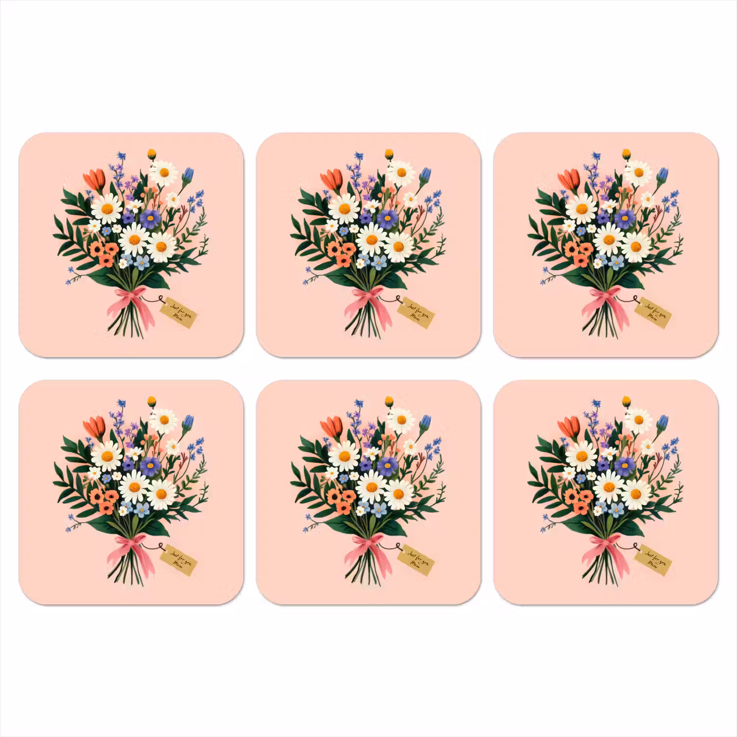 Margrieten - Boeket - Strikje - Roze onderzetter kurk middel -3d
