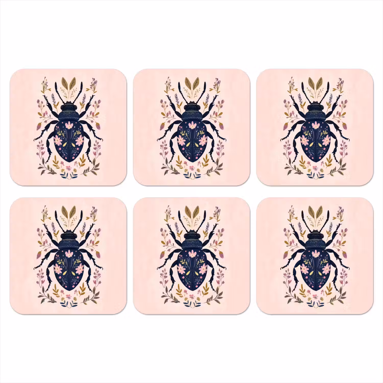 Donkerblauw - Kever - Bloemtakken - Sierlijk onderzetter kurk middel -3d