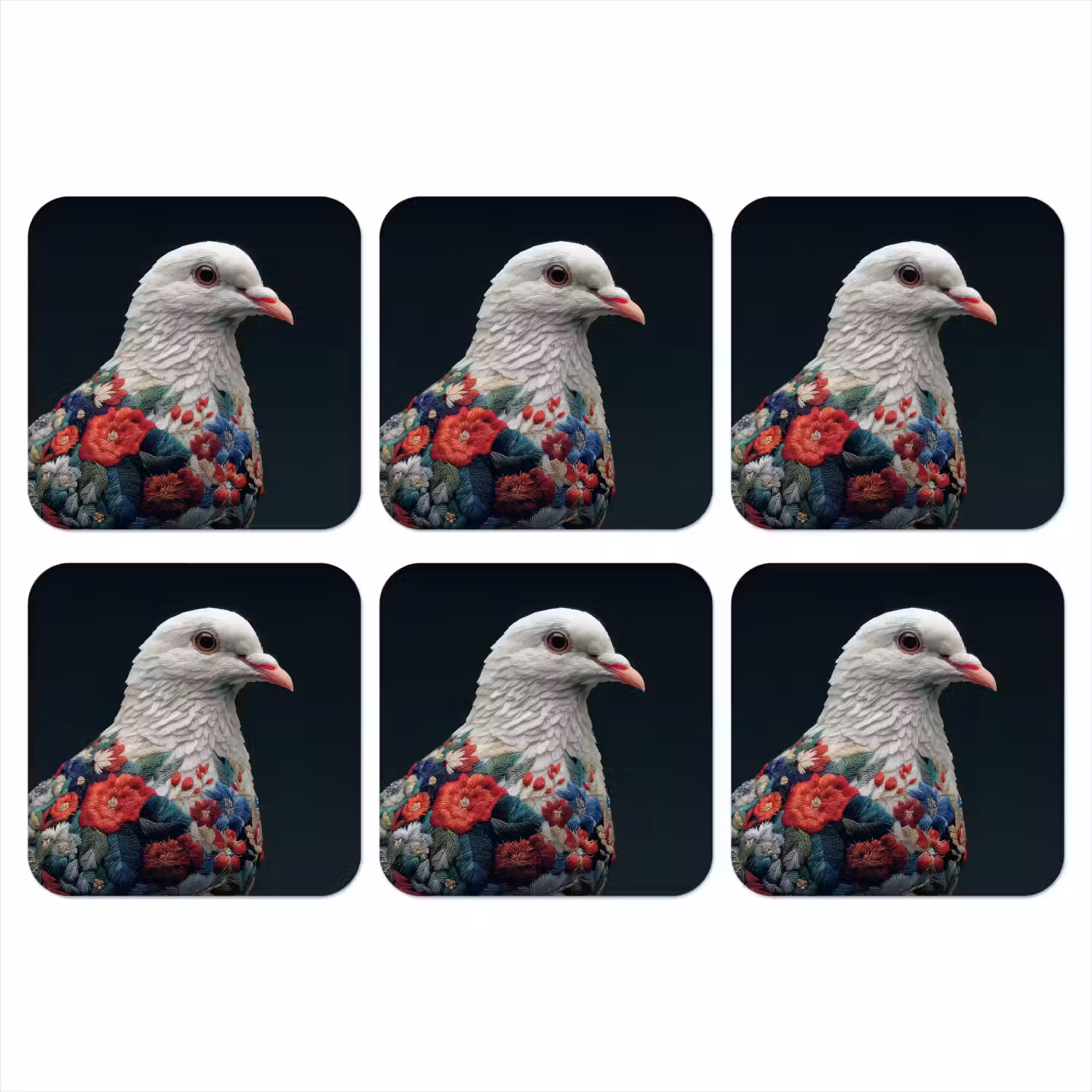 Duif - Bloemen - Wit - Zwart onderzetter kurk middel -3d