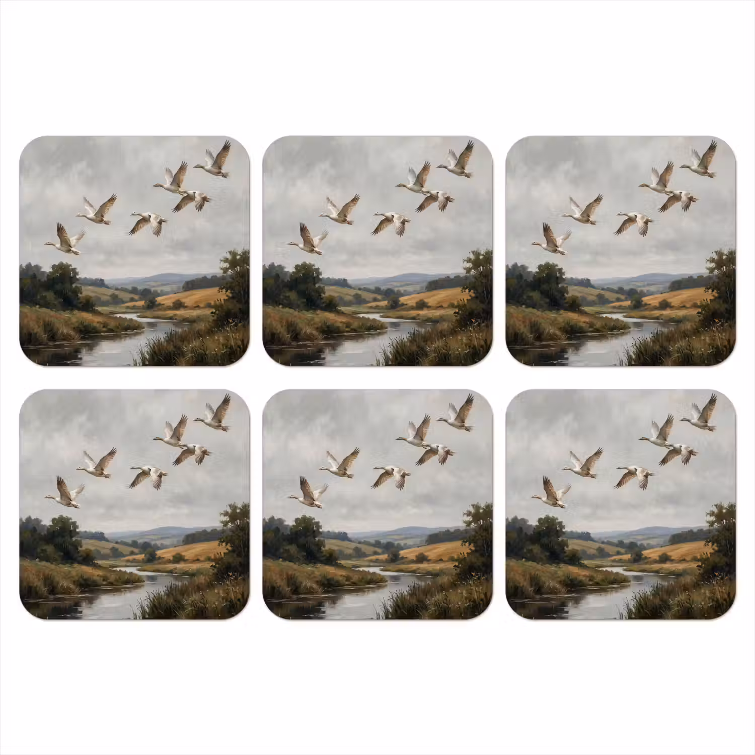 Eenden - Rivier - Landschap - Vlucht - Nostalgisch onderzetter kurk middel -3d