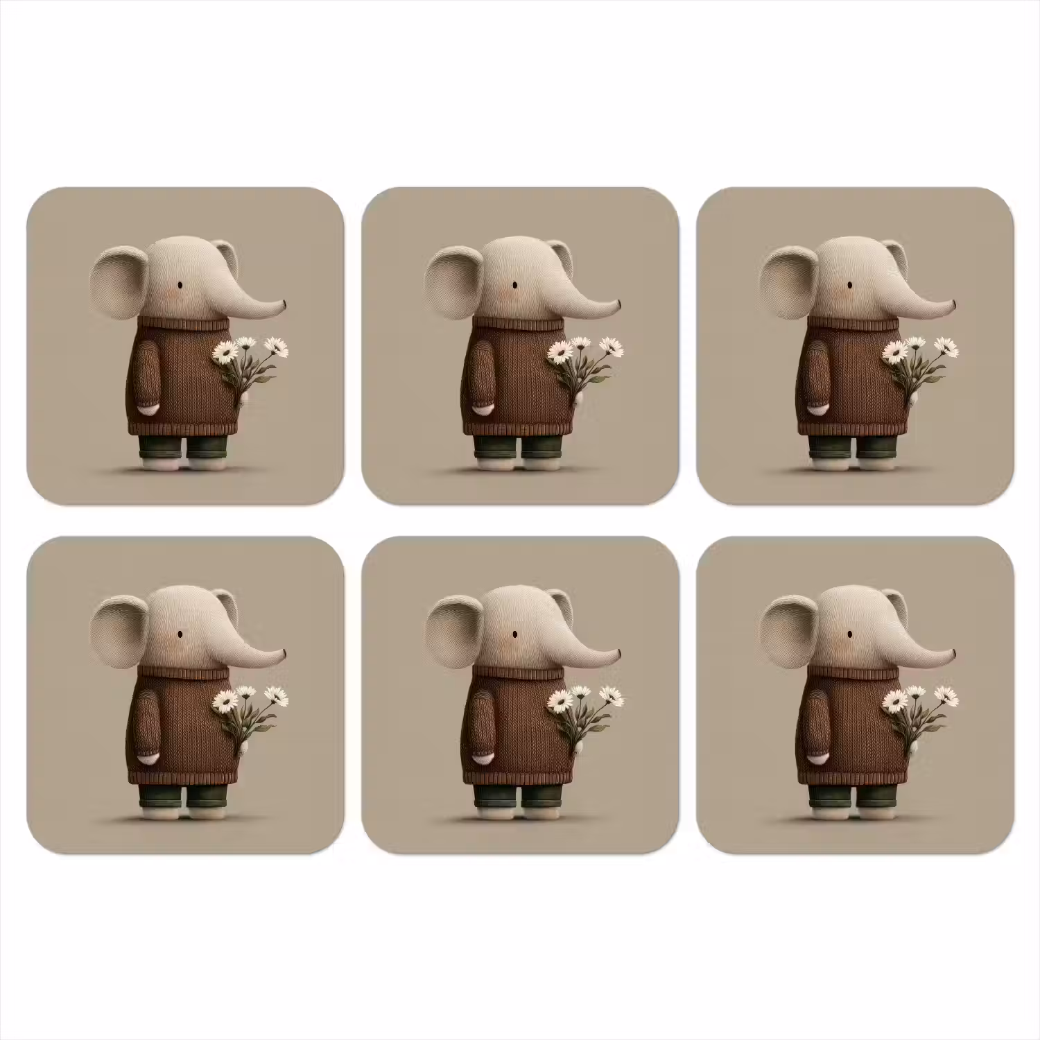 Olifant - Witte bloemen - Kindvriendelijk onderzetter kurk middel -3d