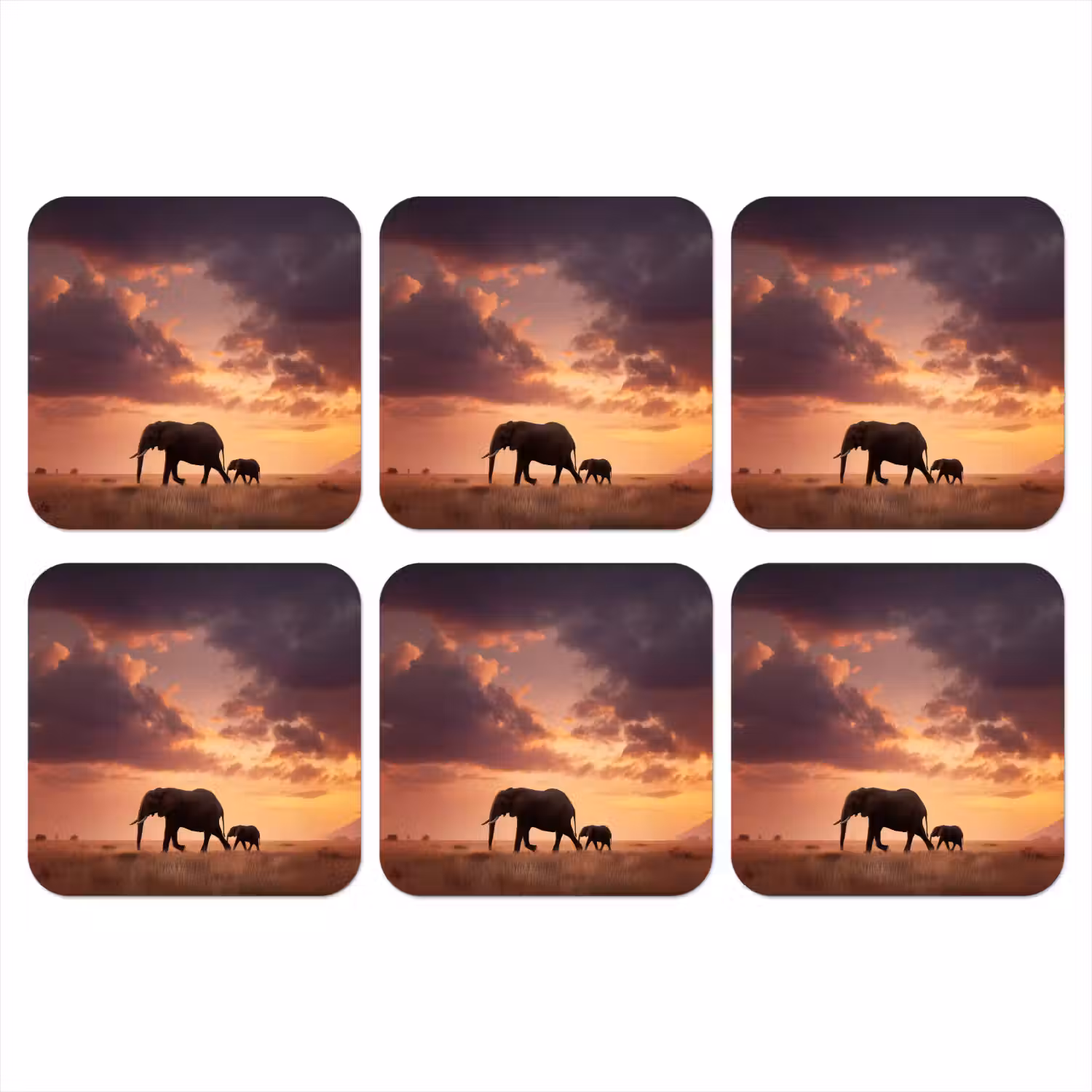 Olifanten - Grasland - Zonsondergang onderzetter kurk middel -3d