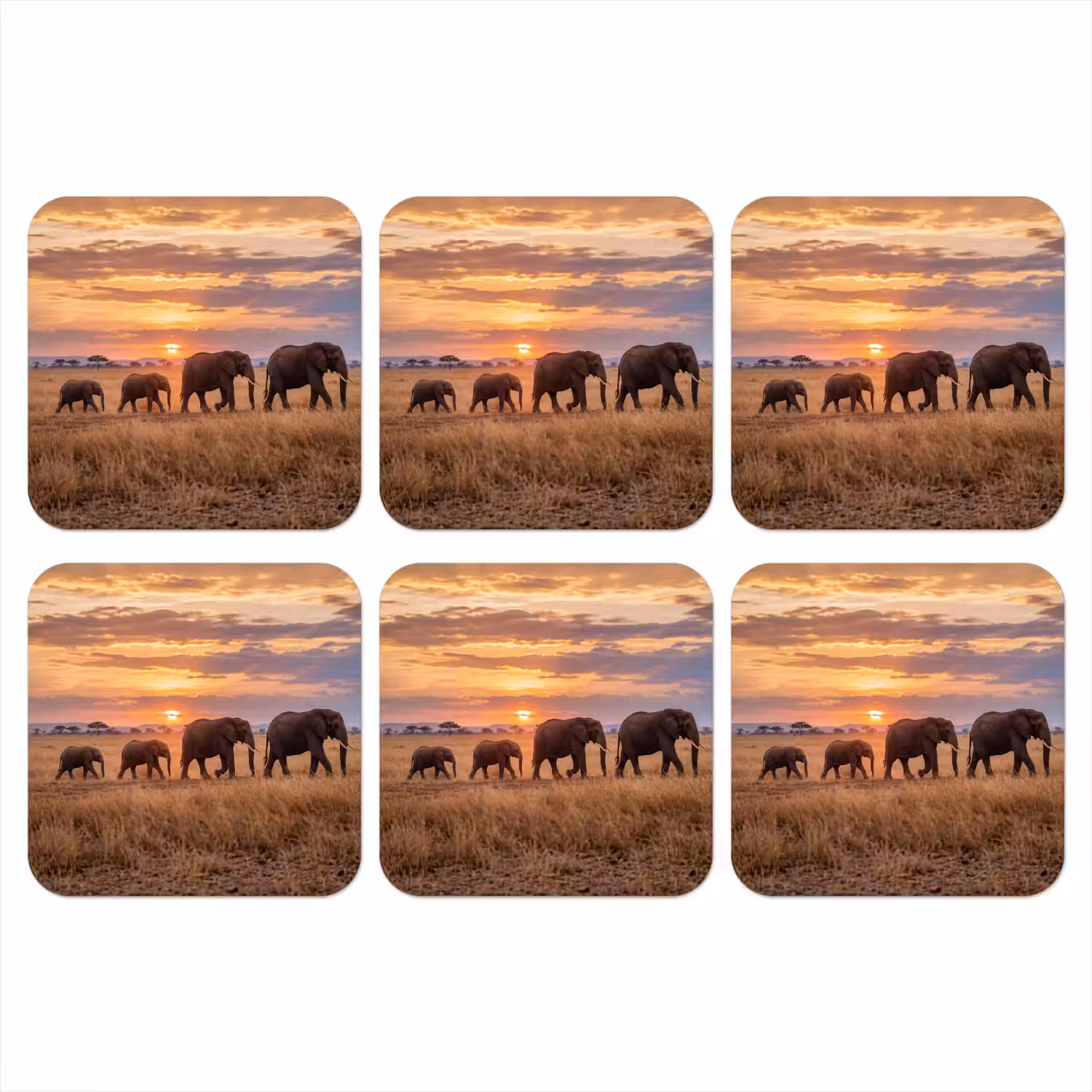 Olifanten - Savanne - Zonsondergang - Afrika - Warm onderzetter kurk middel -3d