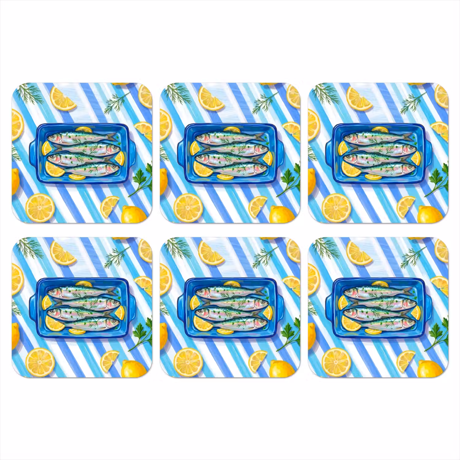 Vis - Citroen - Kruiden - Eten - Blauw onderzetter kurk middel -3d