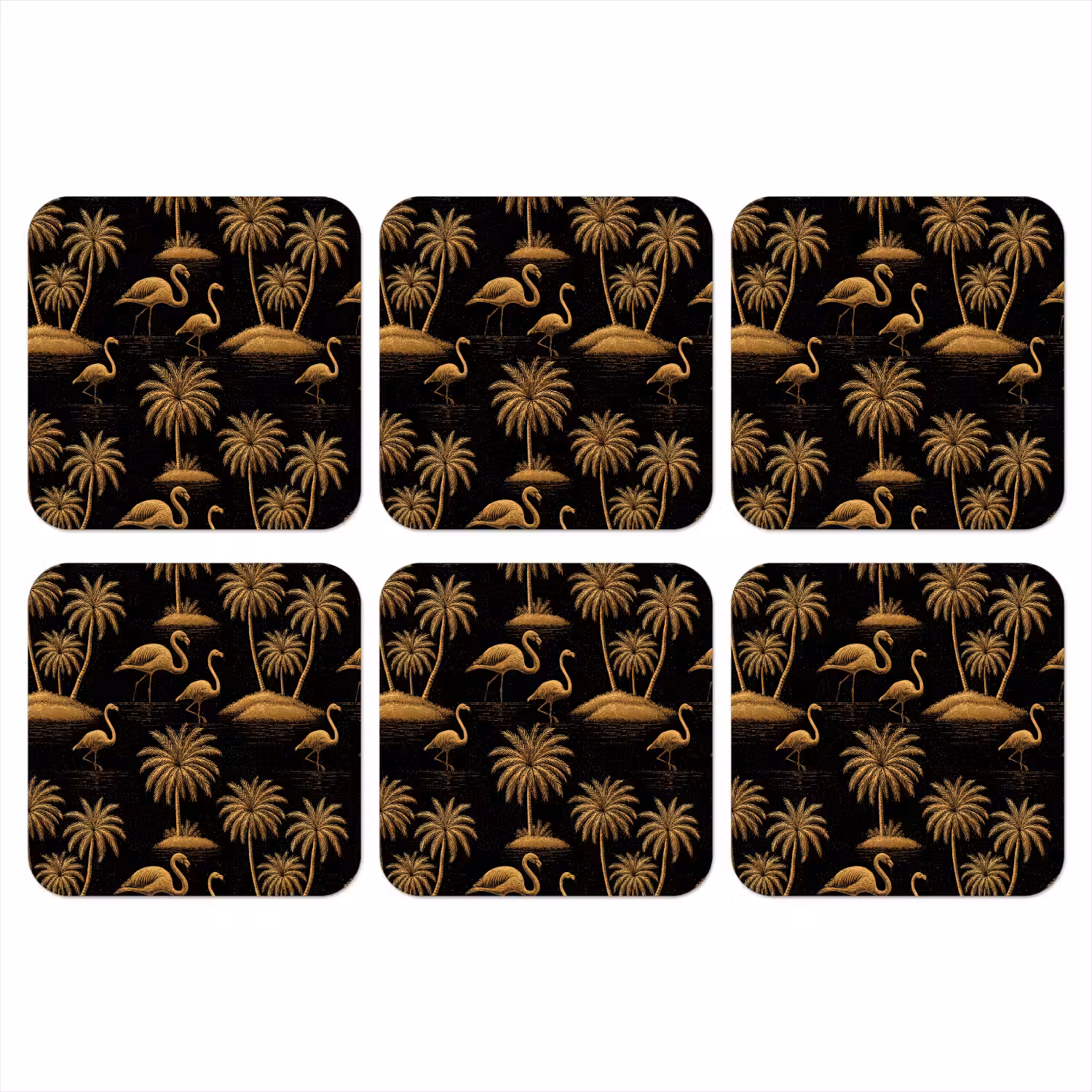 Flamingo - Palmbomen - Tropisch - Goud - Zwart onderzetter kurk middel 366 -3d