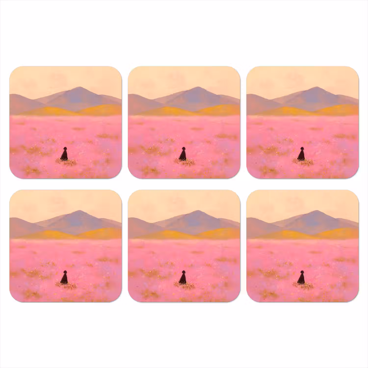 Bloemenweide - Heuvels - Silhouet - Roze onderzetter kurk middel -3d