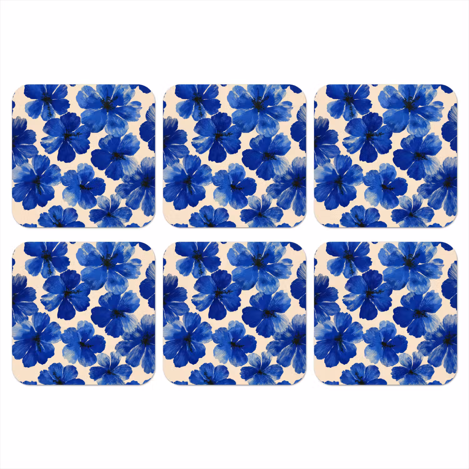 Bloemen - Blauw -Patroon - Wit onderzetter kurk middel -3d