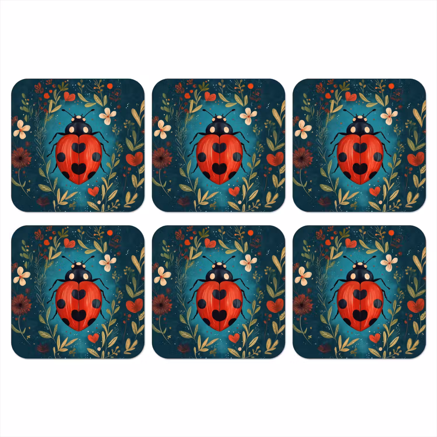 Bloemen - Lieveheersbeestje - Hartje - Rood onderzetter kurk middel -3d