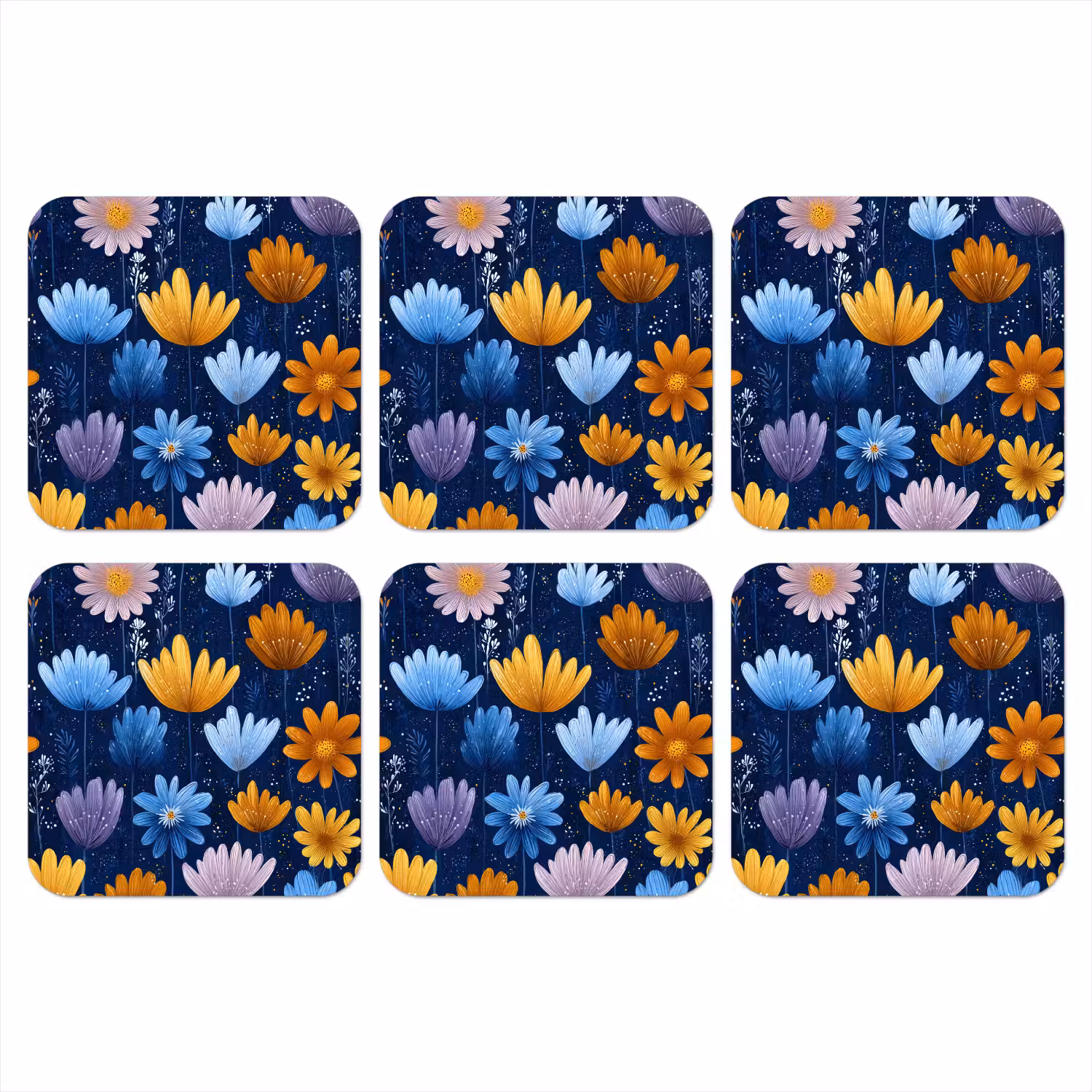 Bloemen - Patroon - Blauw - Contrast onderzetter kurk middel -3d