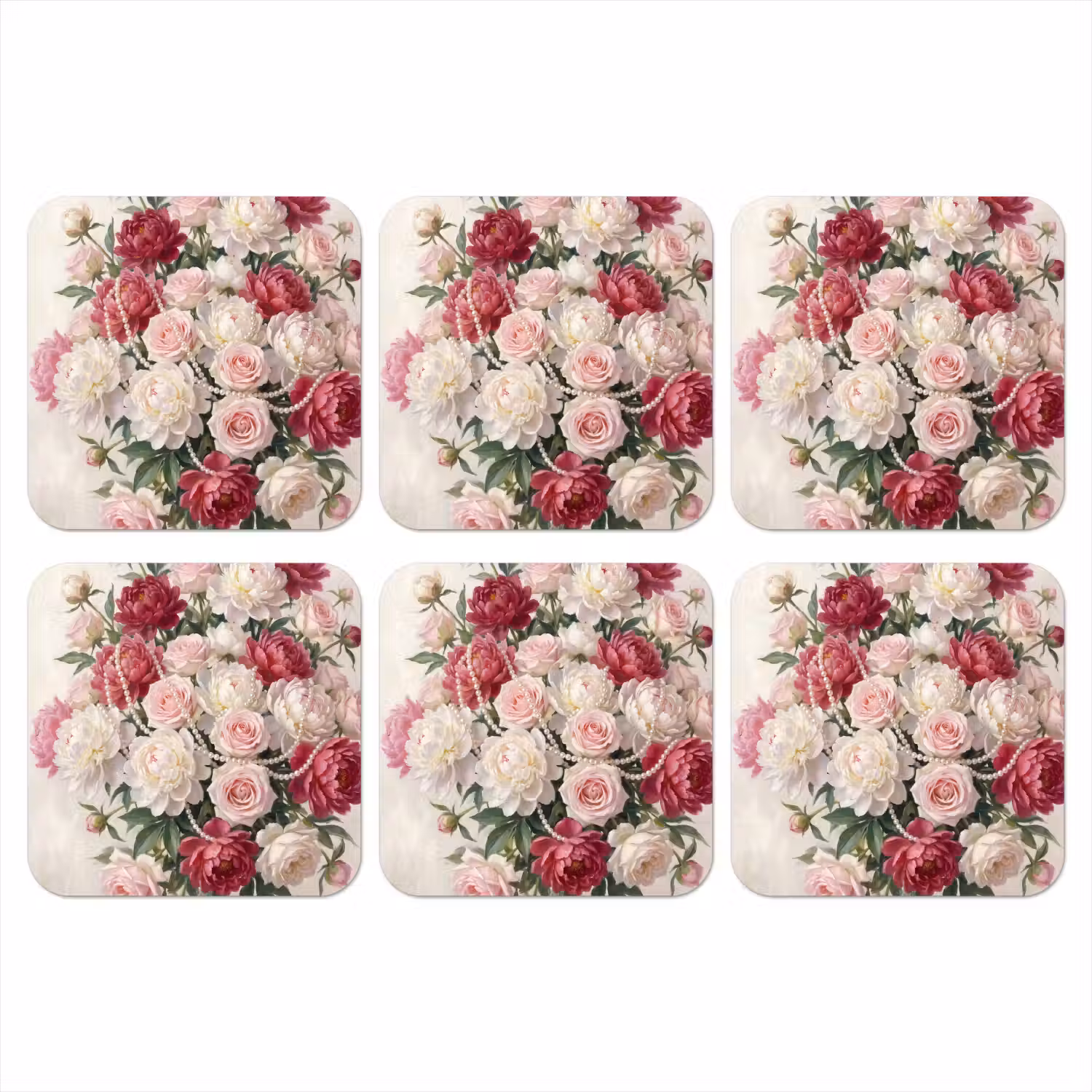 Bloemen - Parels - Romantiek - Klassiek - Roze onderzetter kurk middel -3d