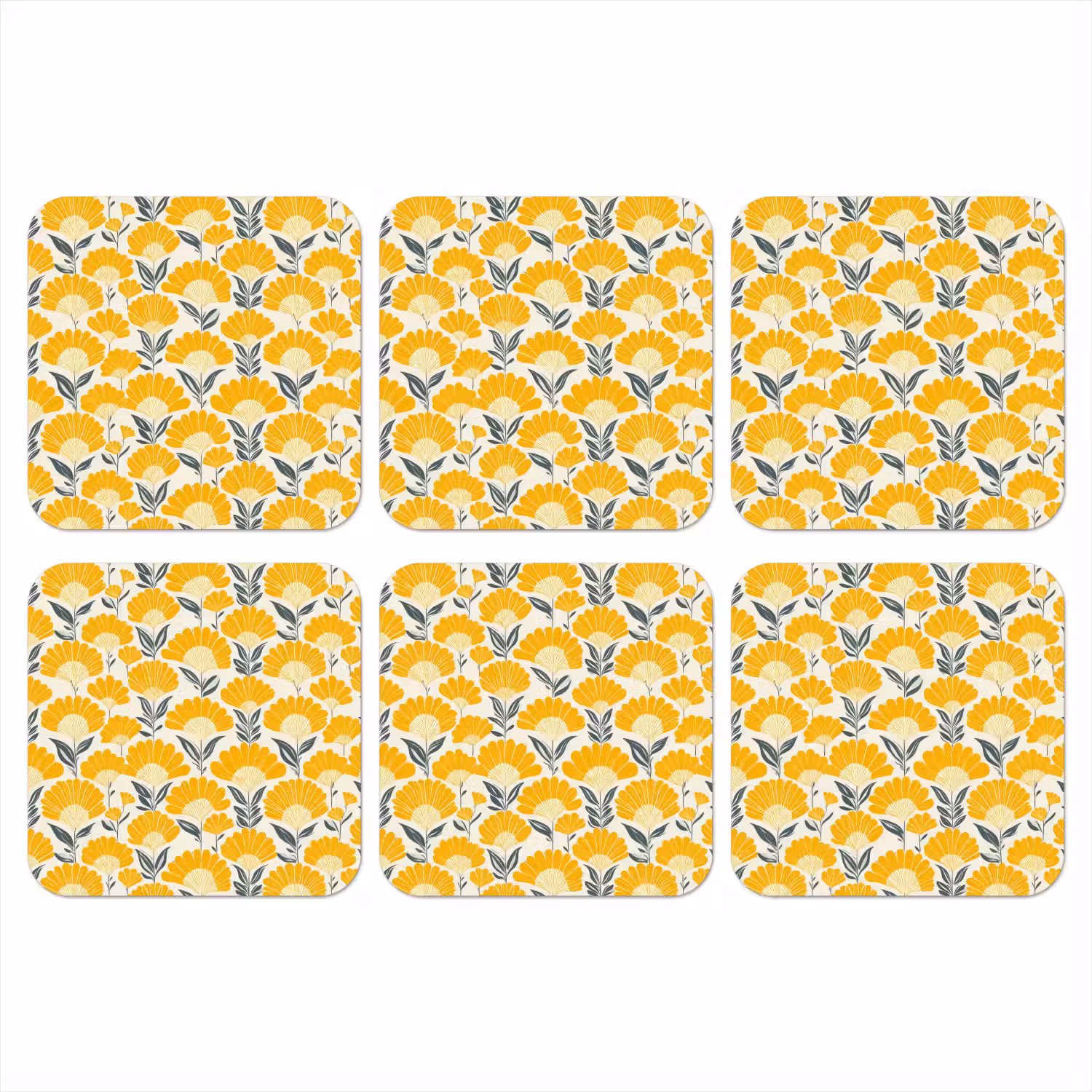 Bloemen - Retro - Botanisch - Okergeel - Grijs onderzetter kurk middel 366 -3d