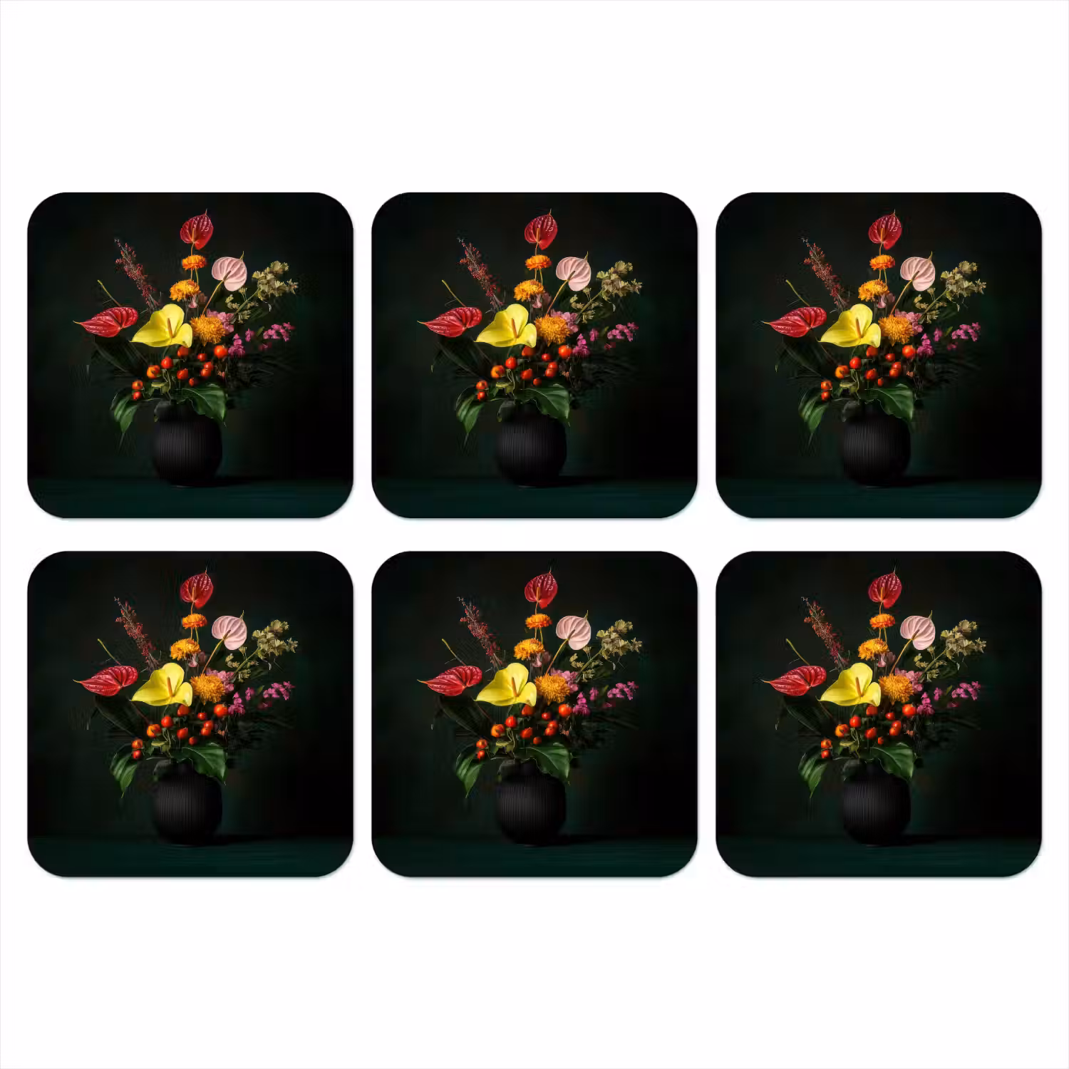 Bloemen - Vaas - Zwart onderzetter kurk middel -3d