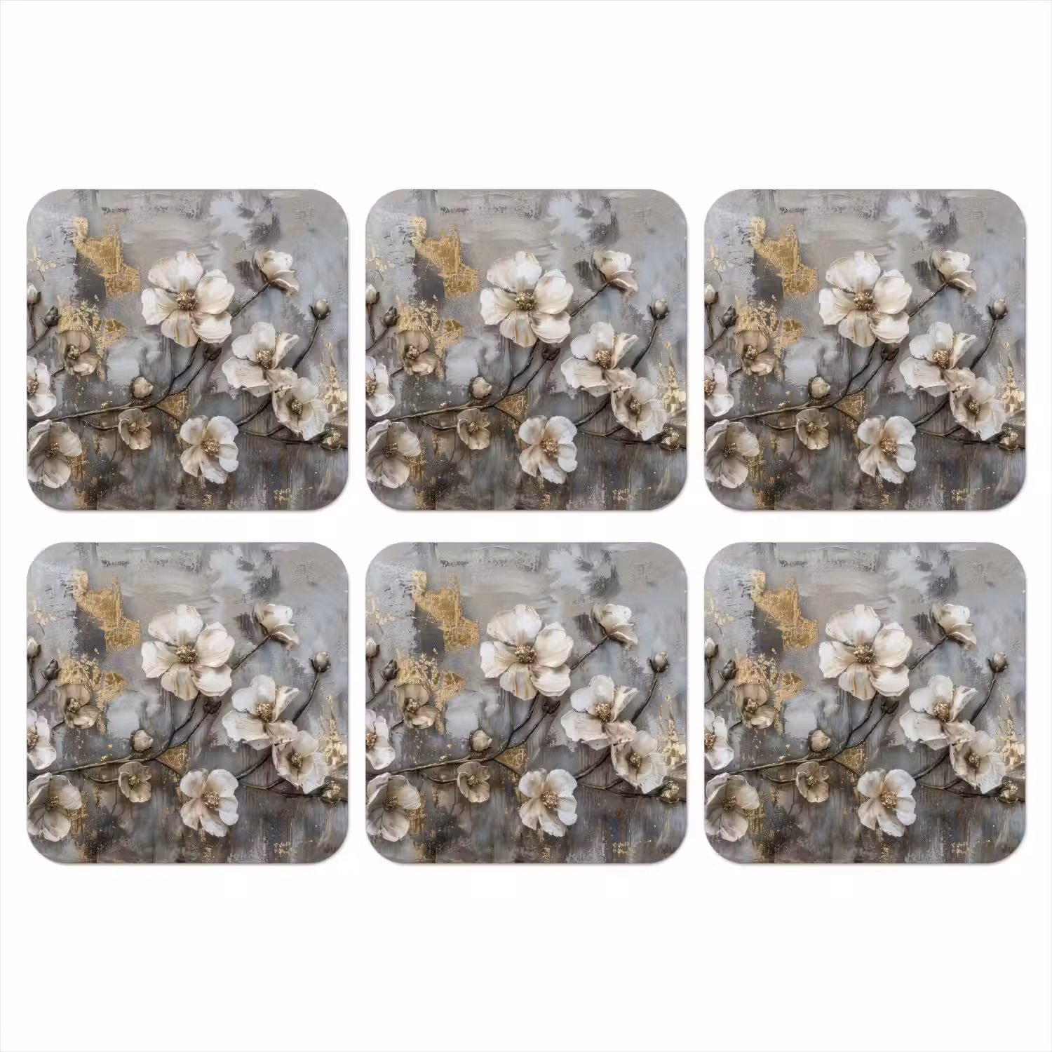 Bloemen - Wit - Grijs - Goud - Luxe onderzetter kurk middel -3d