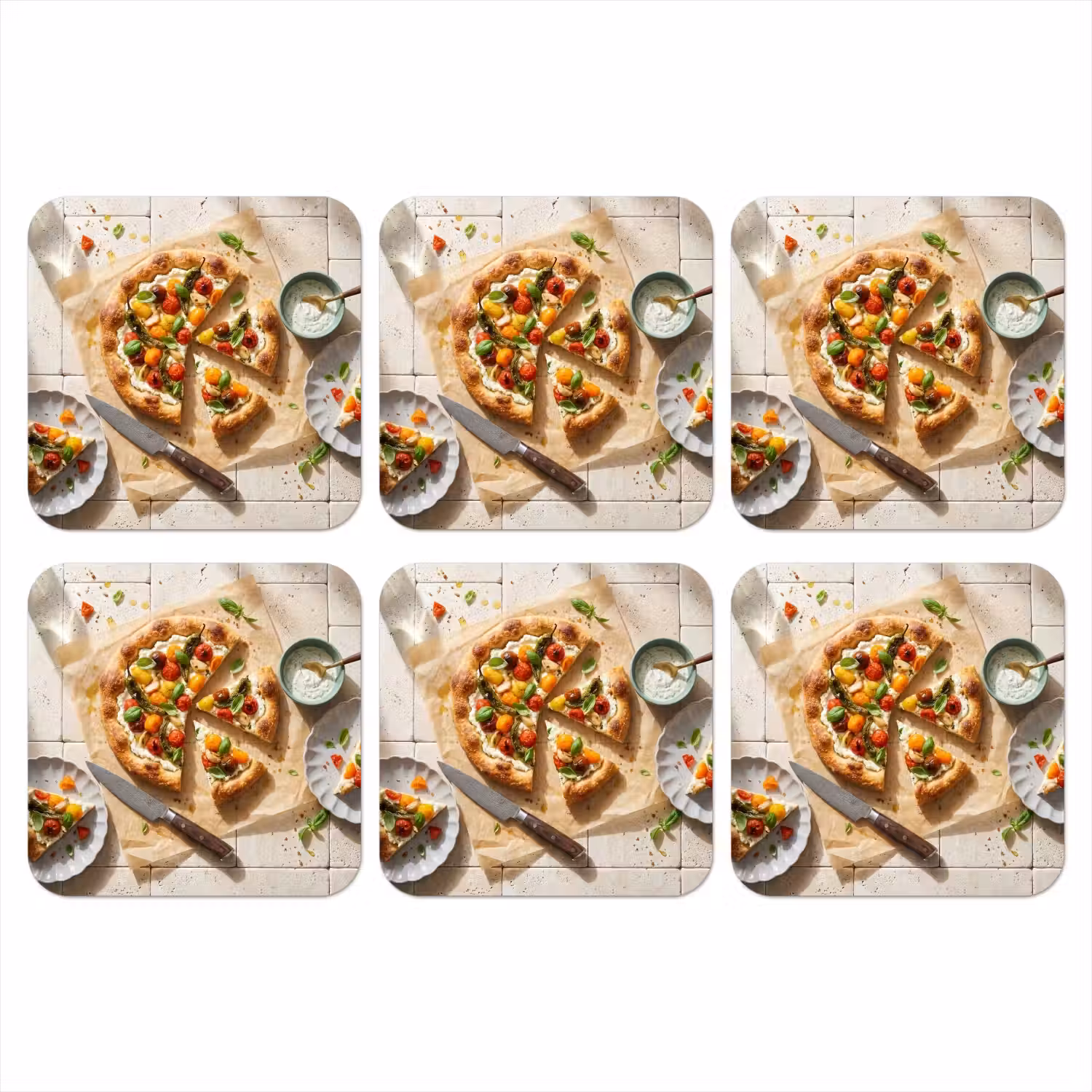 Eten - Tomaten - Basilicum - Maaltijd - Vers onderzetter kurk middel -3d