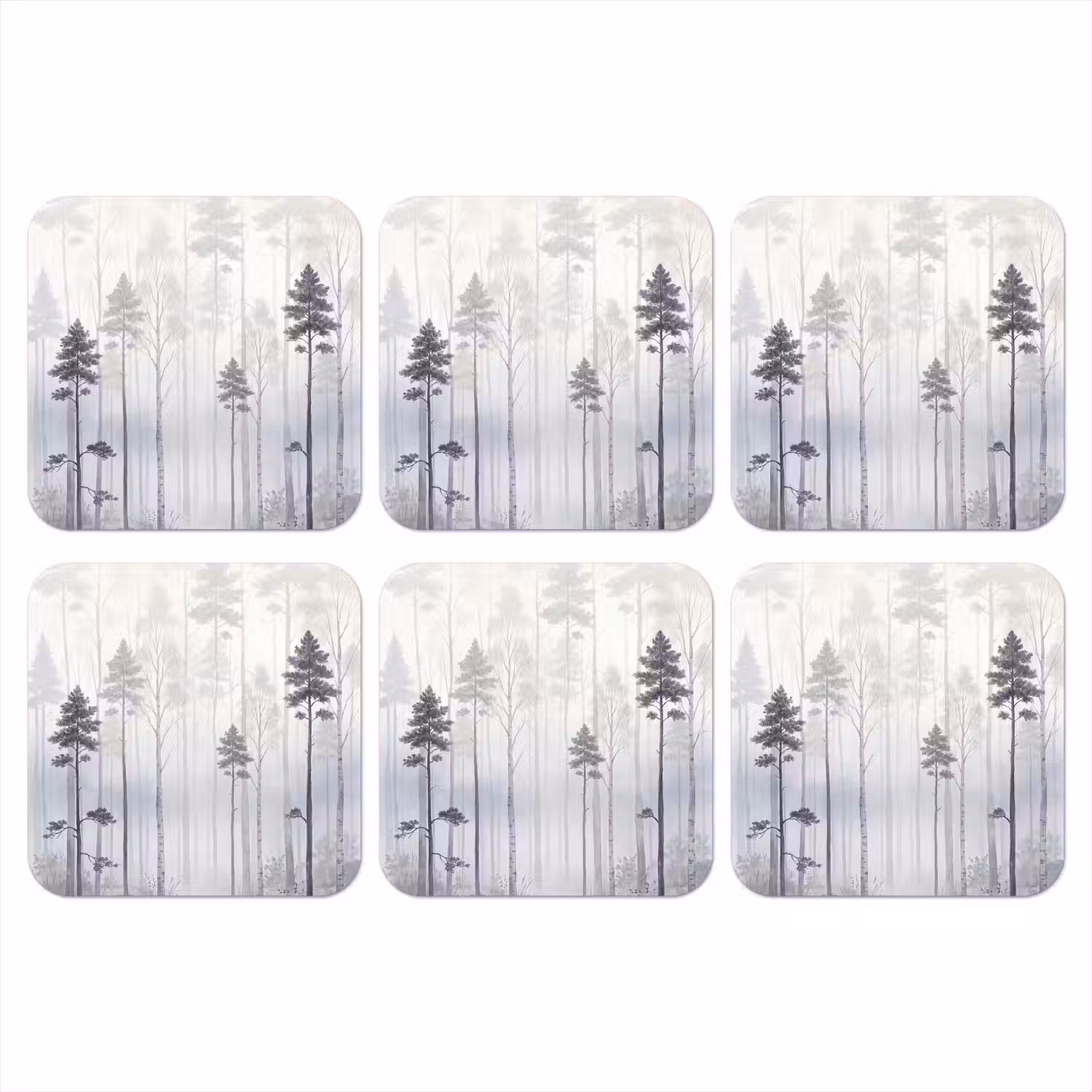Bos - Bomen - Mist - Natuur - Illustratie - Grijs onderzetter kurk middel -3d
