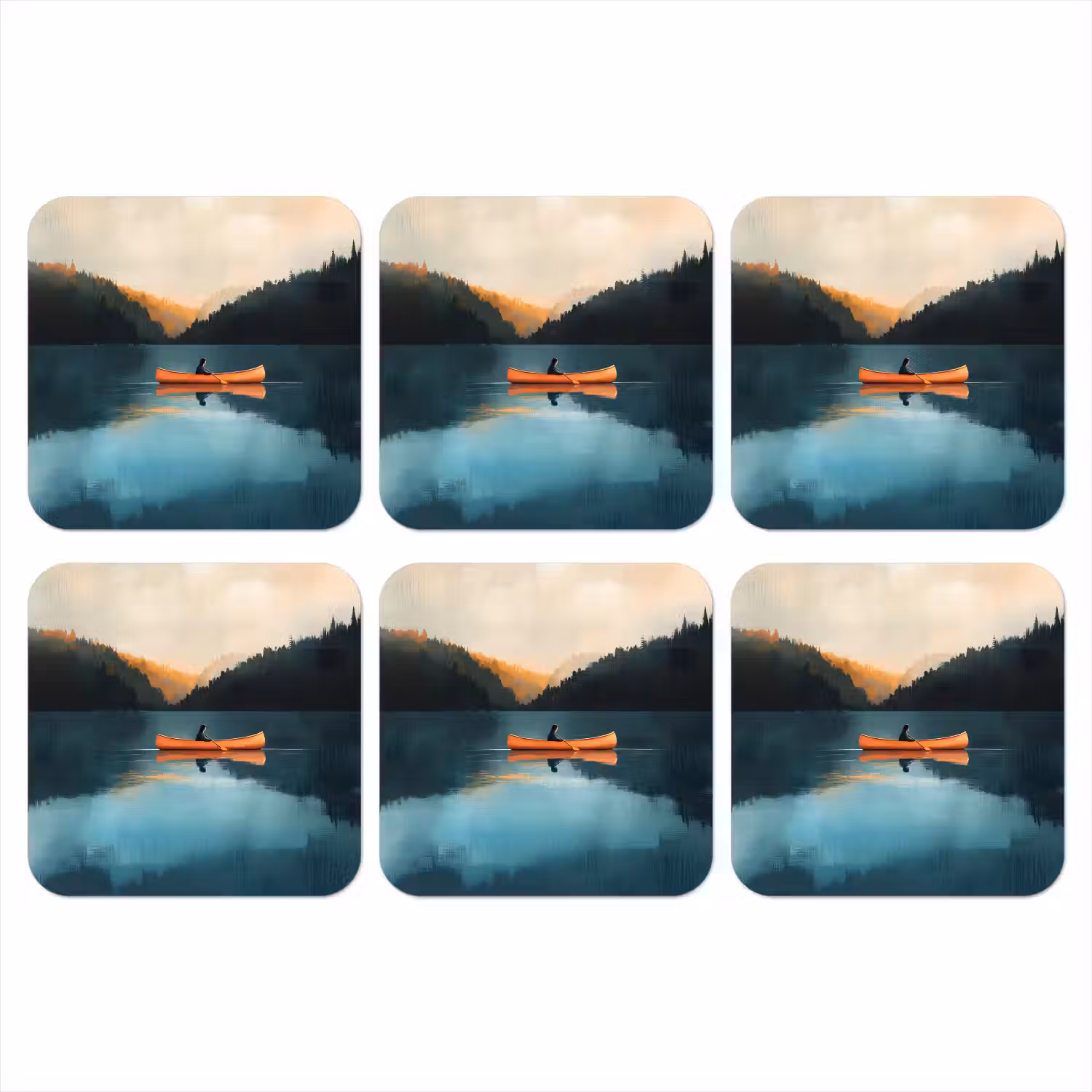 Bossen - Meer - Kano - Oranje onderzetter kurk middel -3d