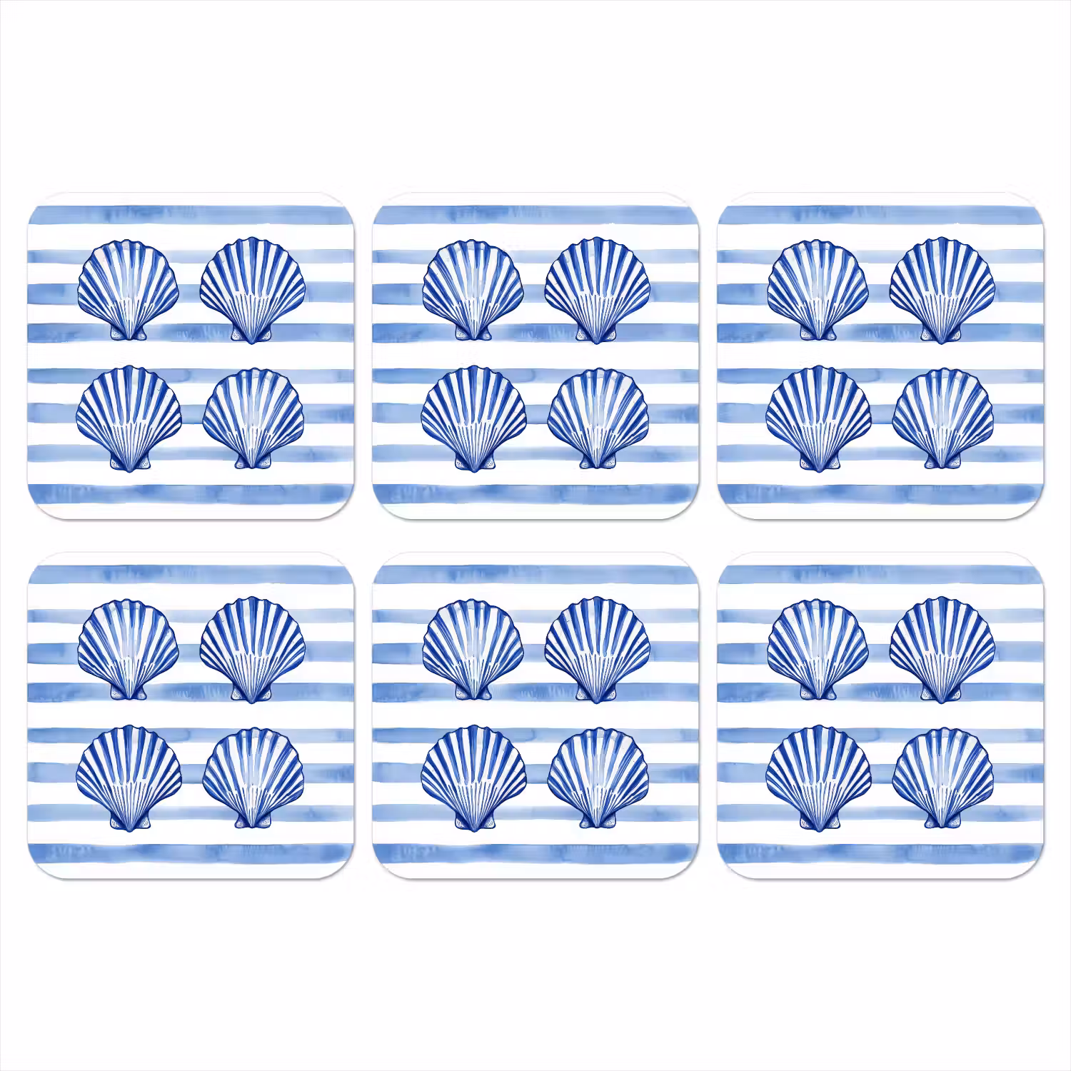 Vier schelpen - Blauw - Wit - Strepen onderzetter kurk middel -3d