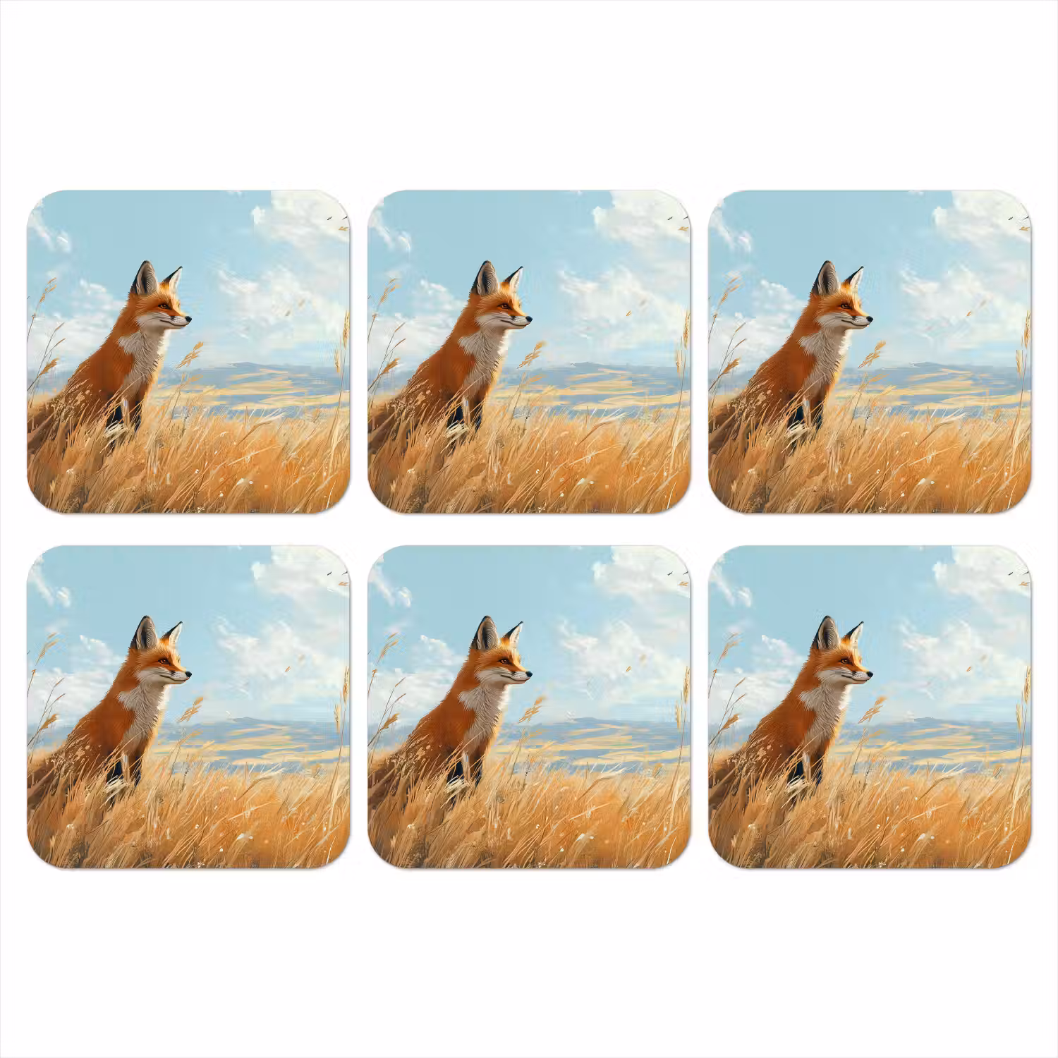 Vos - Gras - Wolken - Oranje onderzetter kurk middel -3d