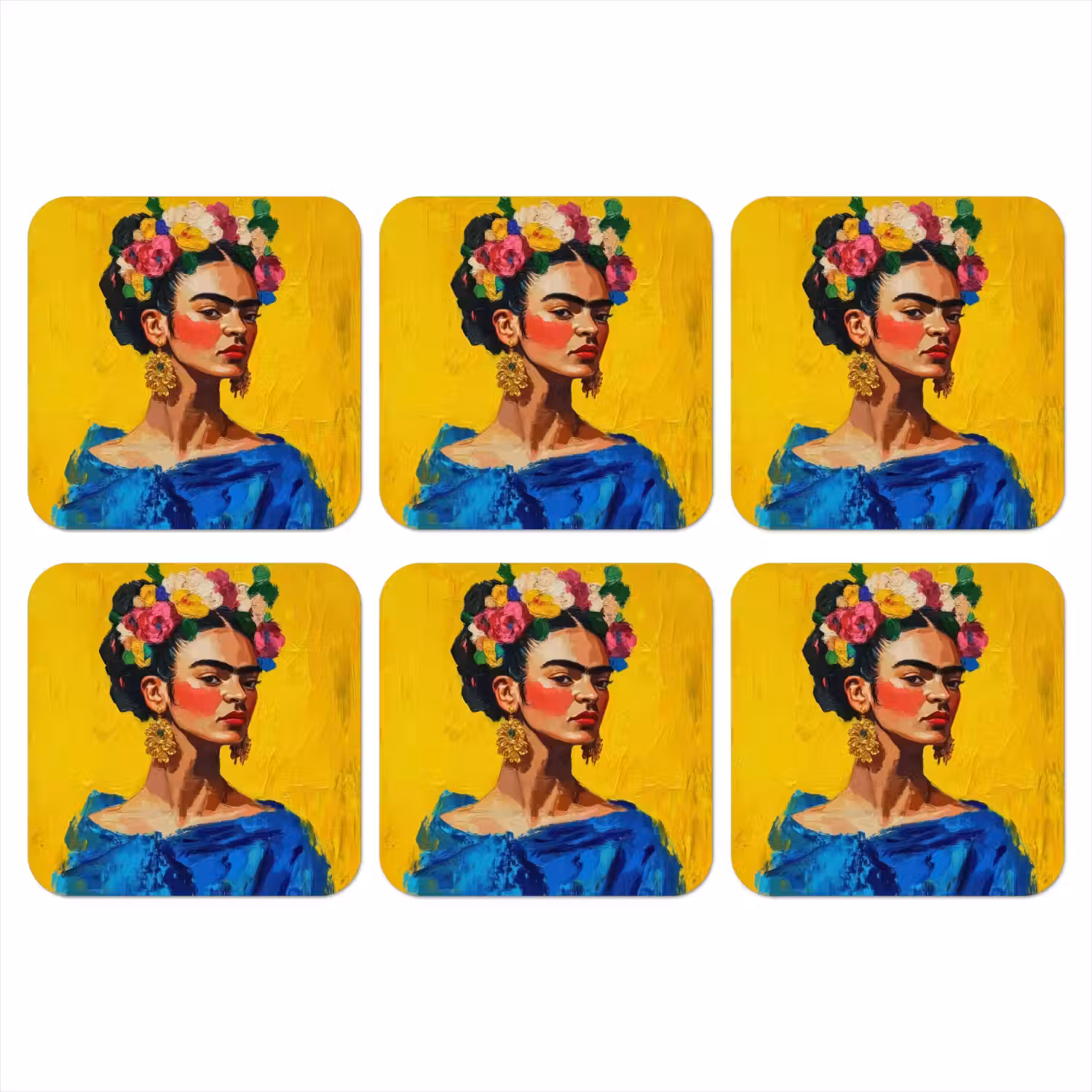 Frida Kahlo - Vrouw - Geel - Blauw - Bloemen onderzetter kurk middel -3d