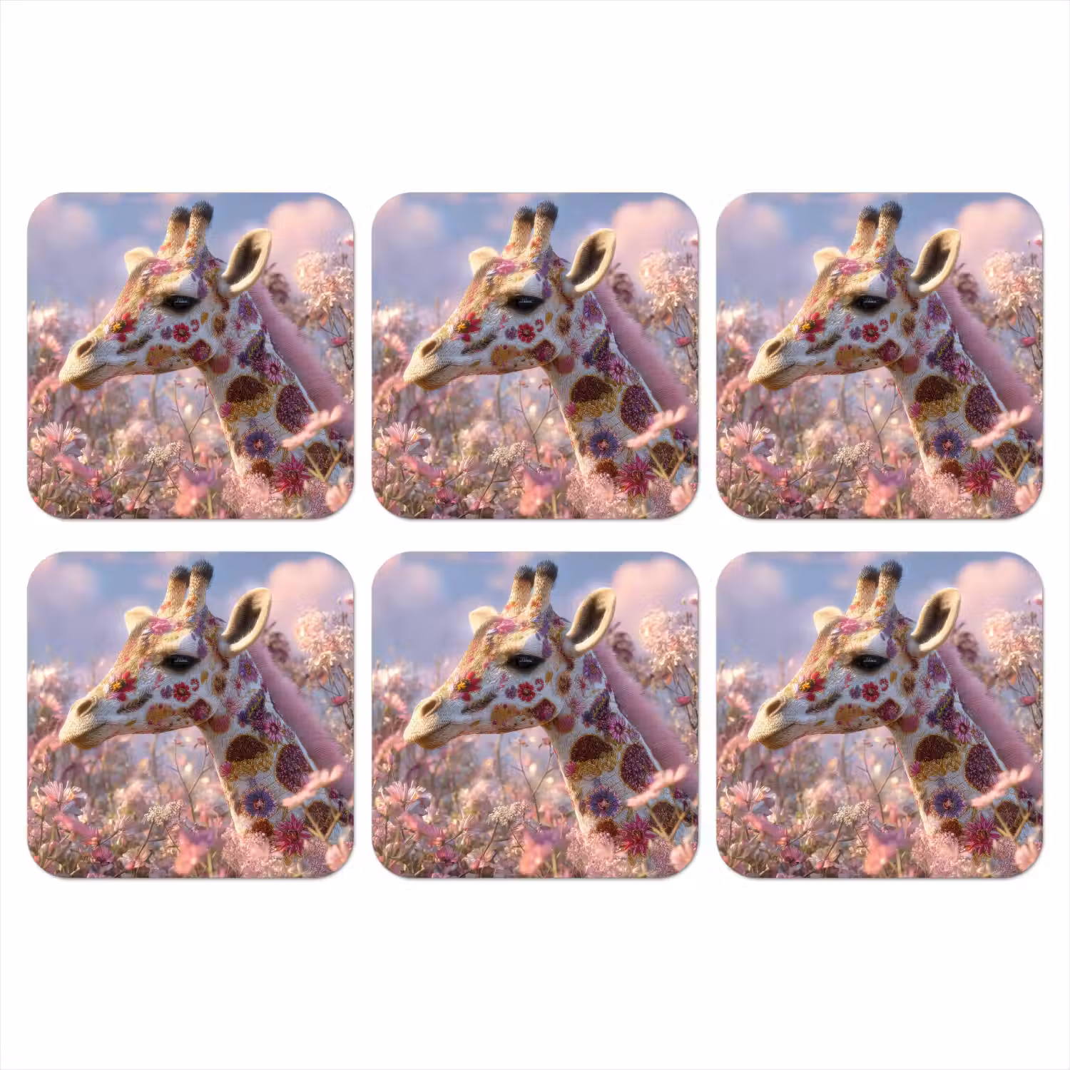 Giraffe - Bloemen - Roze onderzetter kurk middel -3d
