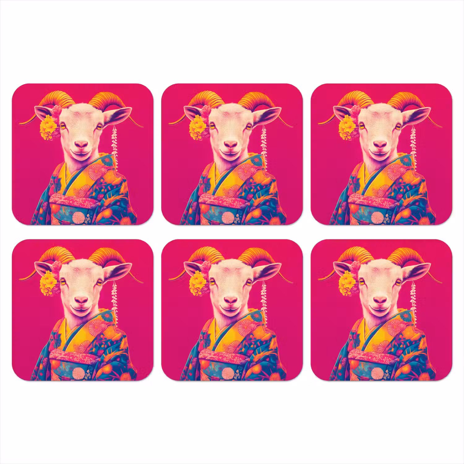 Geit - Hoorns - Kimono - Kleurrijk onderzetter kurk middel -3d