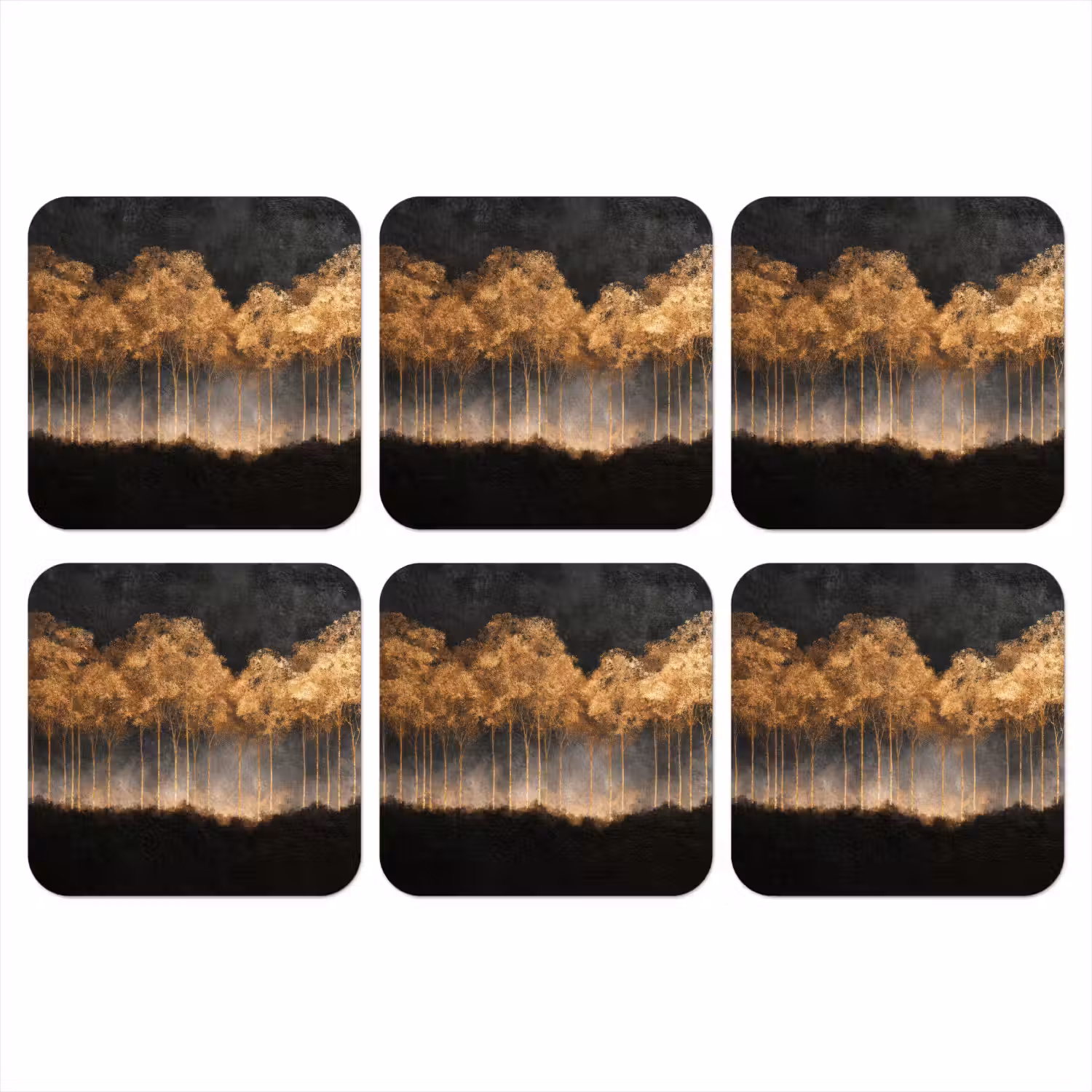Gouden Bomen in Mistig Landschap onderzetter kurk middel -3d