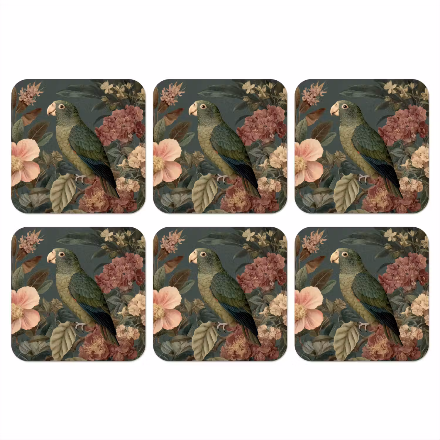 Groene papegaai - Kleurrijke bloemen - Donkere achtergrond onderzetter kurk middel -3d