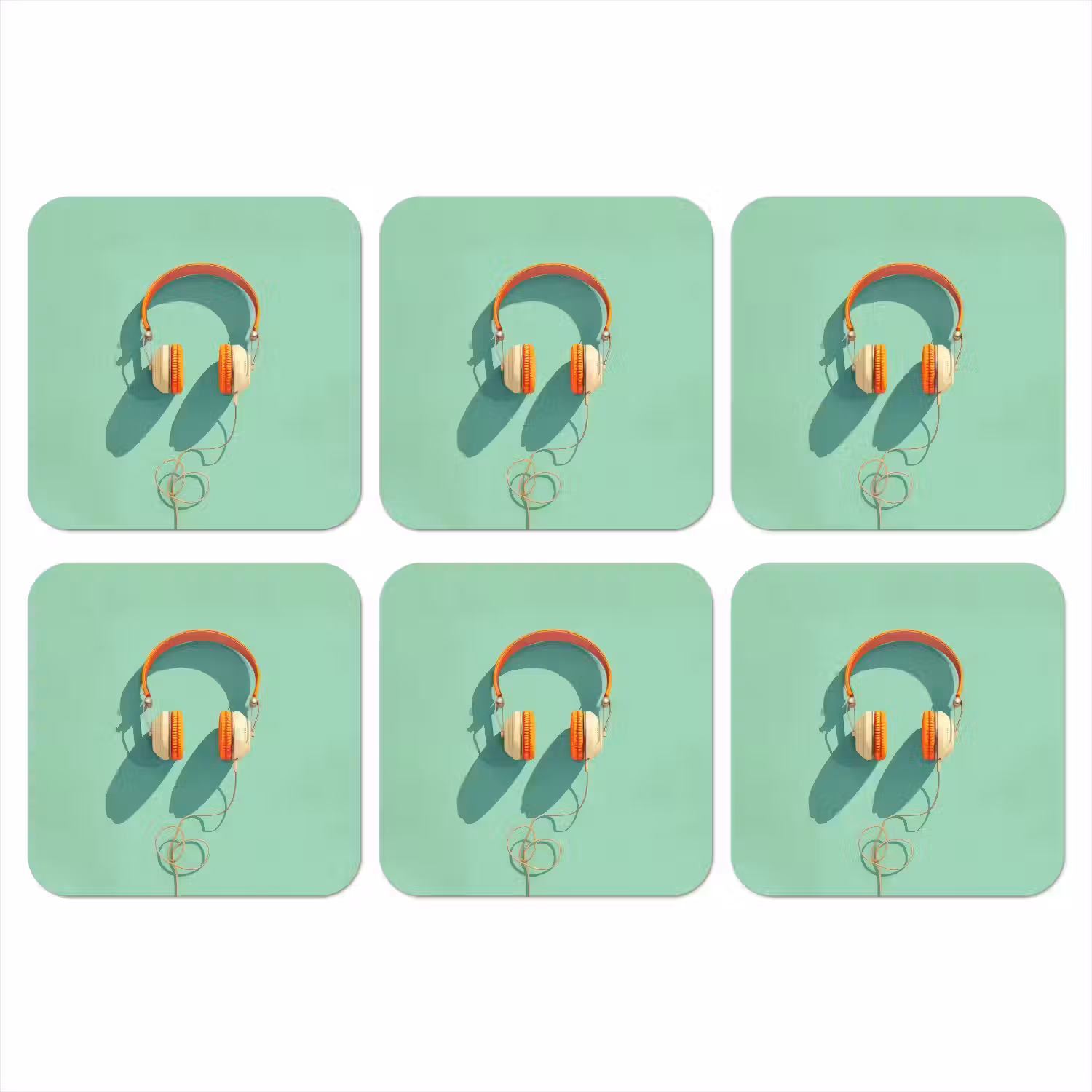Koptelefoon - Oranje - Snoer - Minimalistisch onderzetter kurk middel -3d