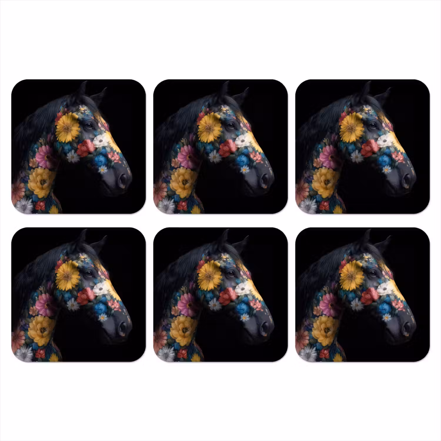 Paard - Bloemen - Zwart onderzetter kurk middel -3d