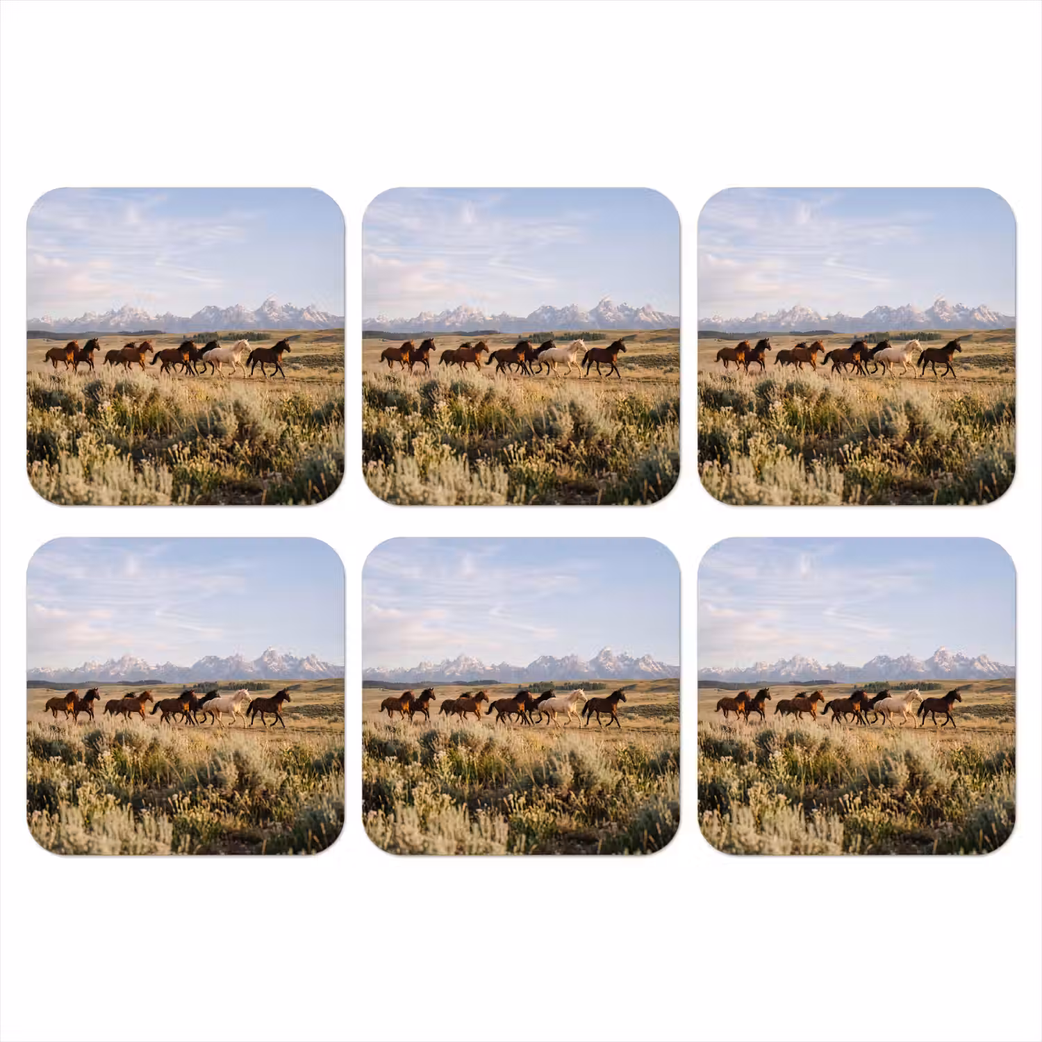 Paarden - Kudde - Bergen - Vrijheid - Wild onderzetter kurk middel -3d