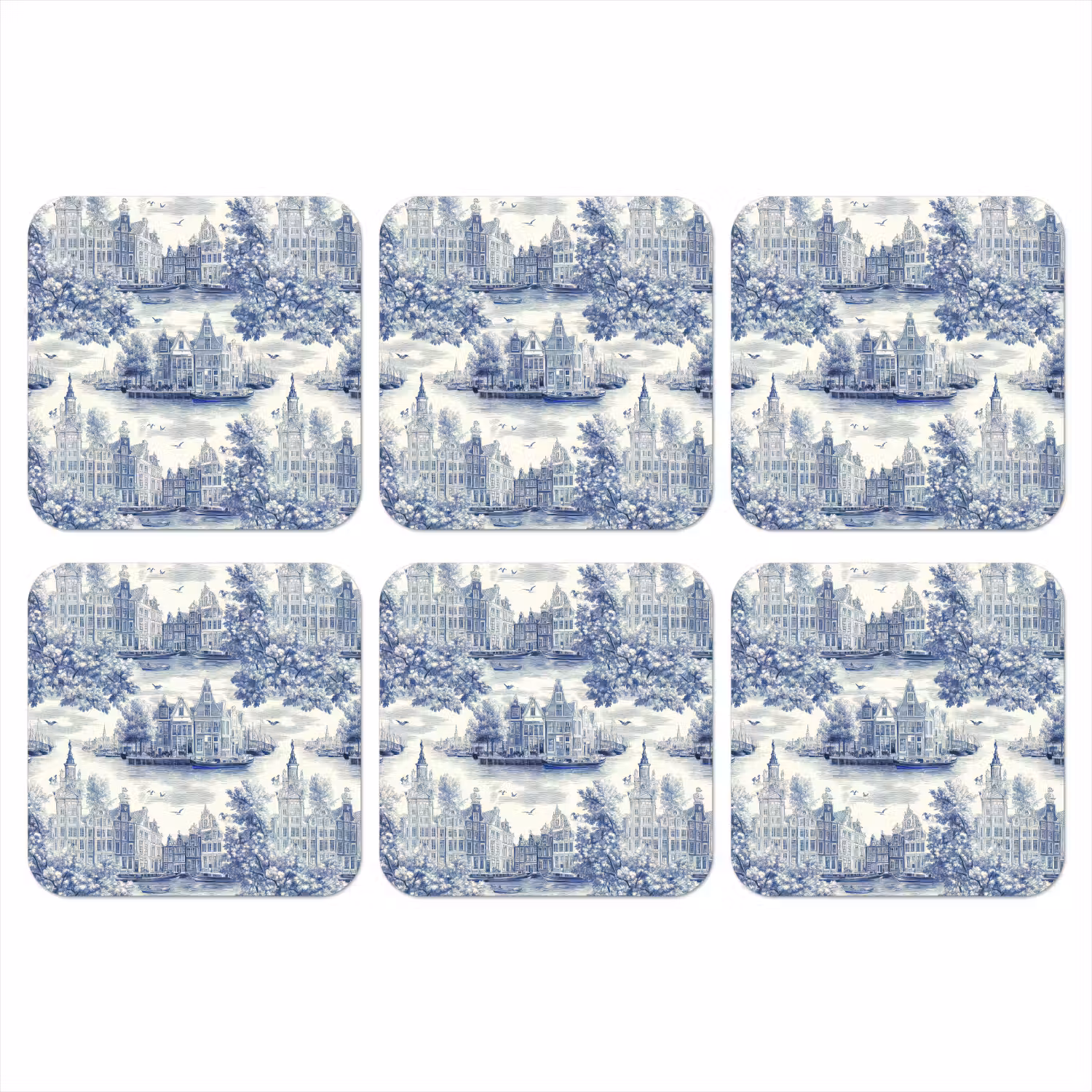 Huizen - Bomen - Water - Vogels - Blauw onderzetter kurk middel 366 -3d