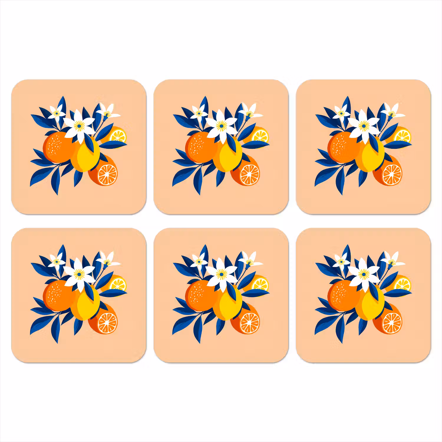 Illustratie - Sinaasappels - Donkerblauw - Bloemen onderzetter kurk middel -3d