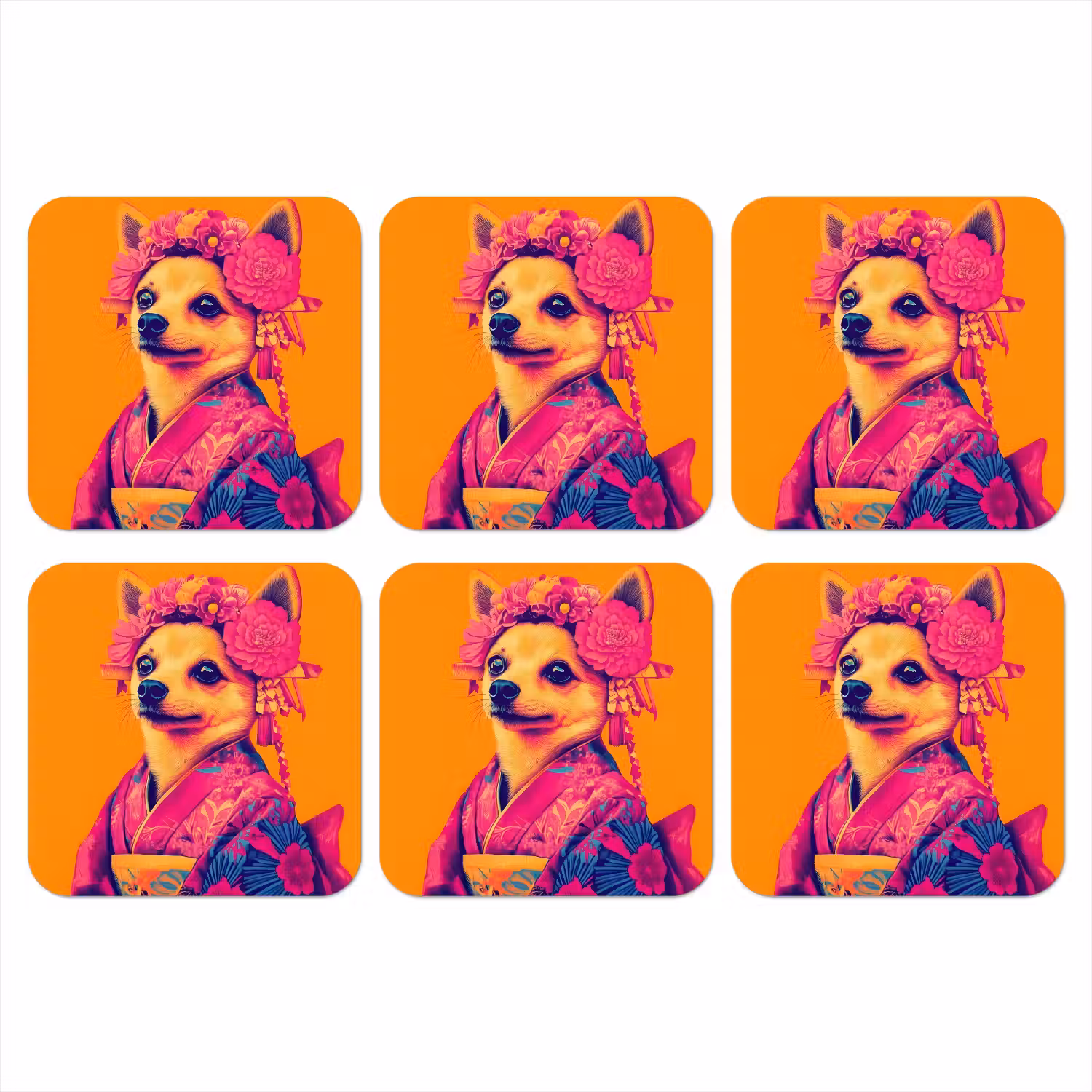 Kimono - Hondje - Bloemenkroon - Oranje onderzetter kurk middel -3d