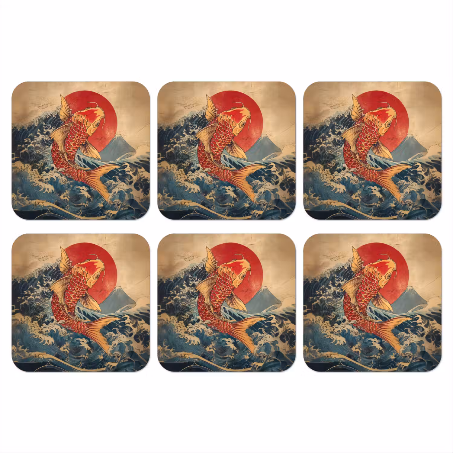 Koi - Zee - Golven - Zon onderzetter kurk middel -3d