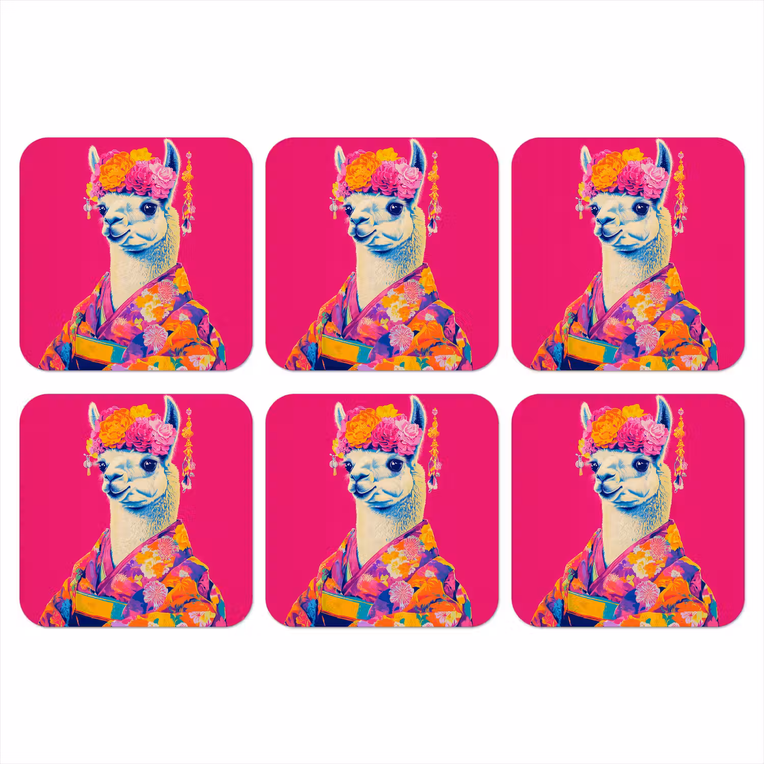 Lama - Kimono - Bloemenkrans - Felroze onderzetter kurk middel -3d