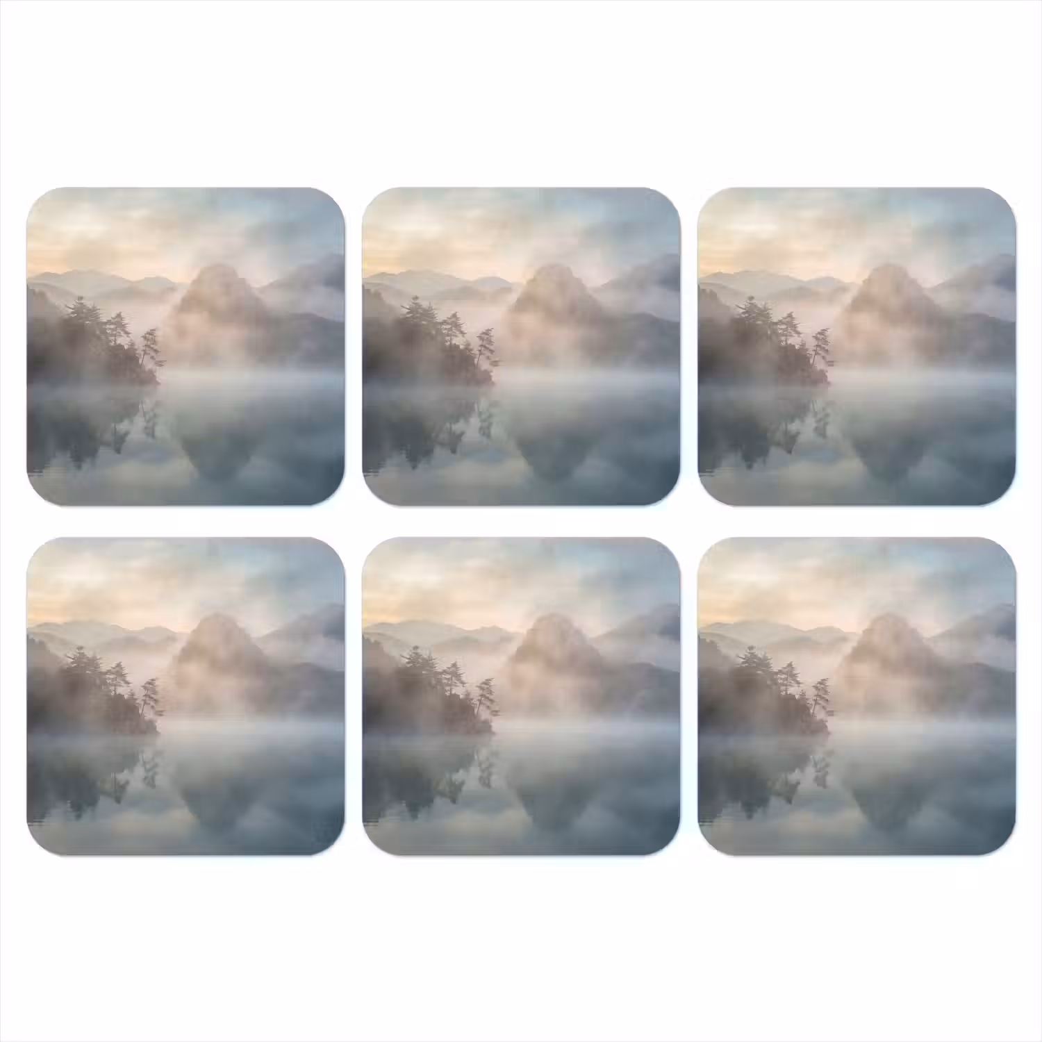 Landschap - Bergen - Mist - Water - Natuur onderzetter kurk middel -3d