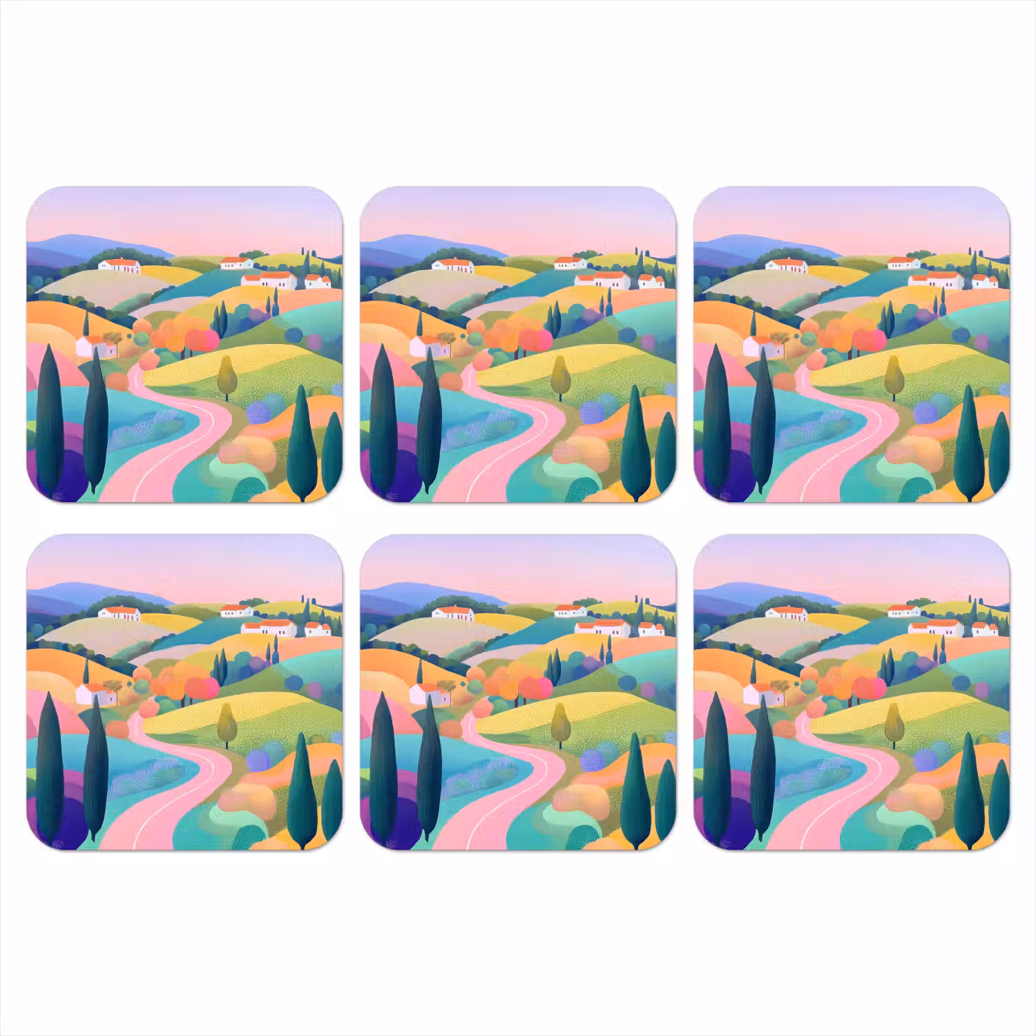 Landschap - Paars - Pastel - Huizen onderzetter kurk middel -3d