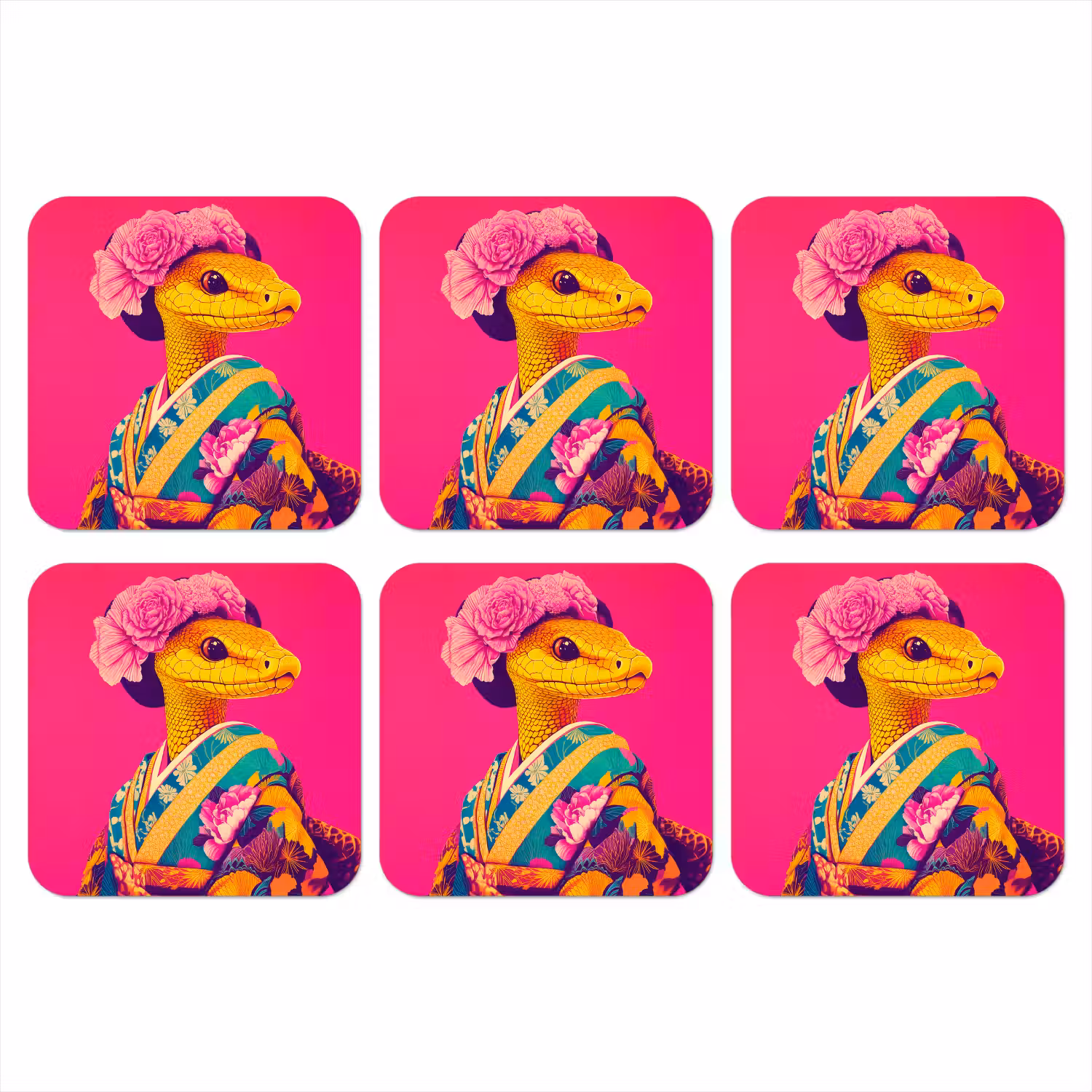 Hagedis - Bloemen - Roze - Kimono onderzetter kurk middel -3d