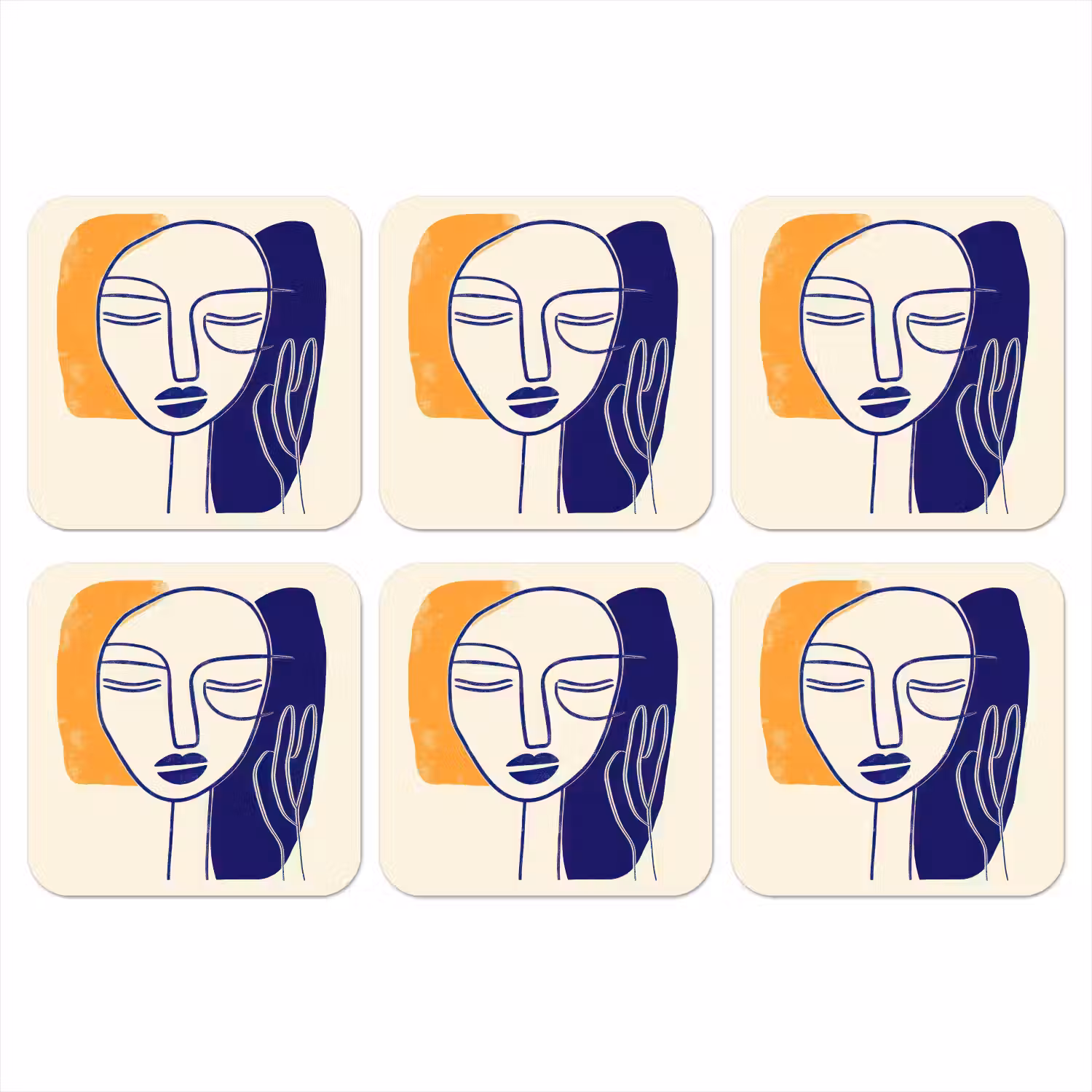 Minimalistisch - Gezicht - Hand - Oranje - Blauw onderzetter kurk middel -3d