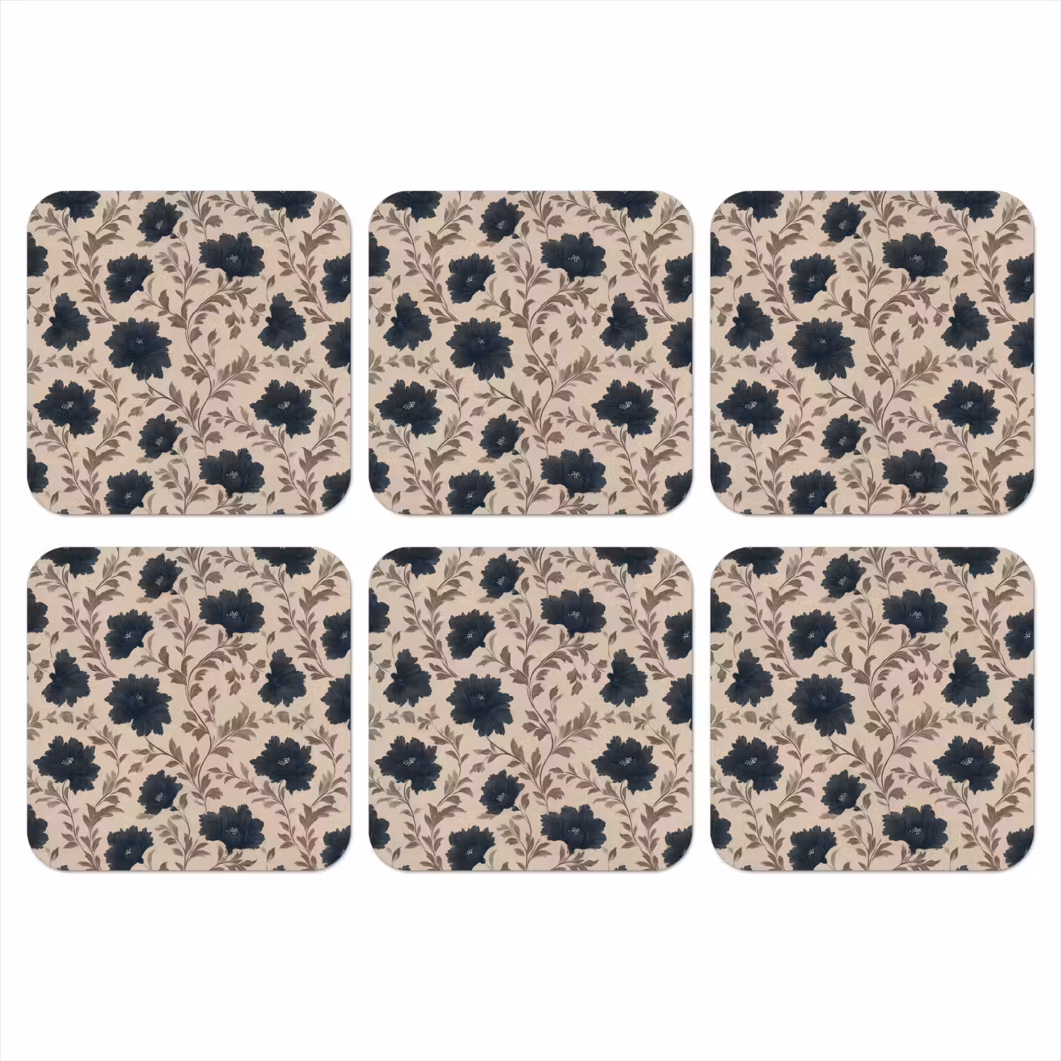Motief - Bloemen - Zwart - Beige onderzetter kurk middel 366 -3d