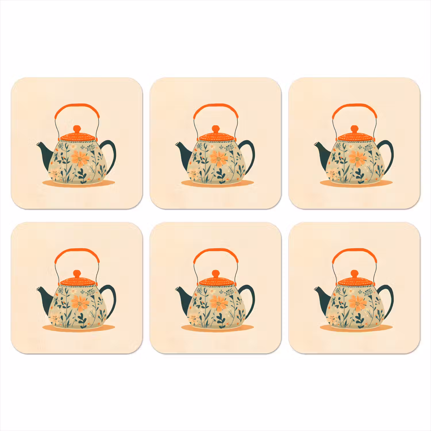Oranje - Theepot - Bloemen - Bladeren onderzetter kurk middel -3d