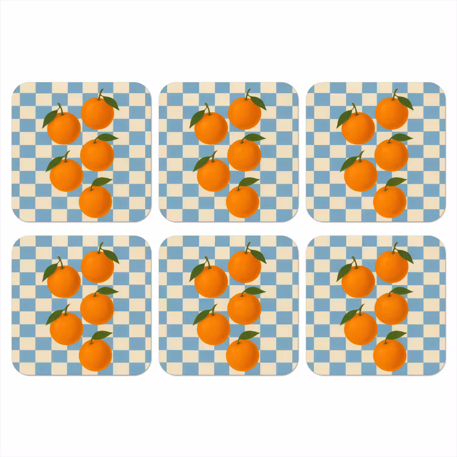 Sinaasappels - Blaadjes - Geblokt - Blauw onderzetter kurk middel -3d