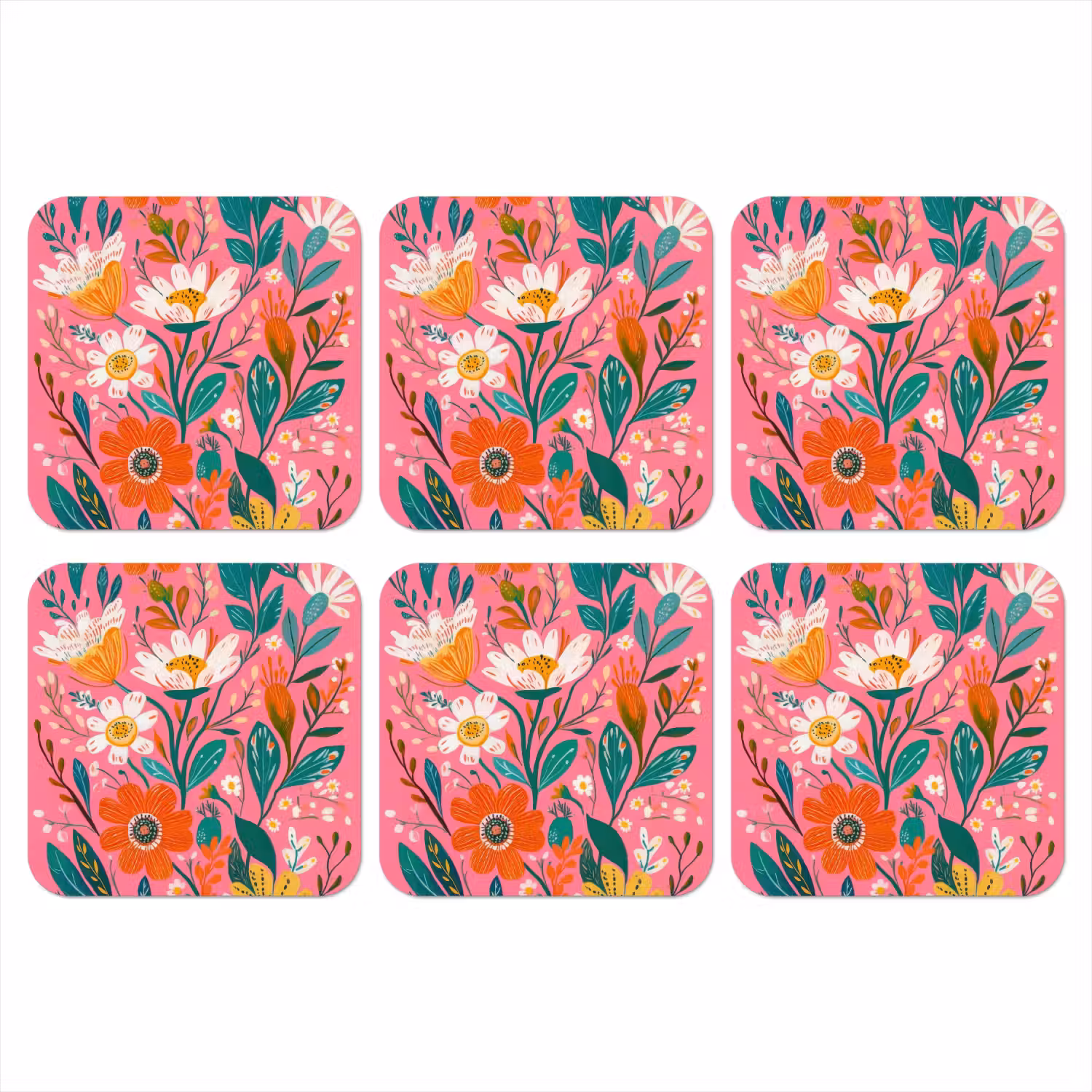 Roze - Bloemen - Wit - Oranje onderzetter kurk middel -3d