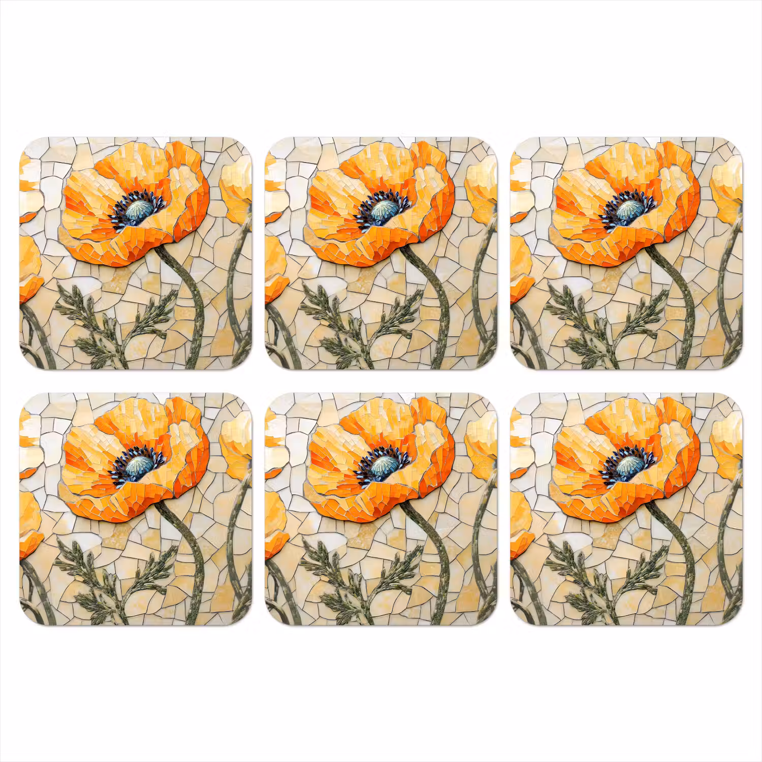 Klaprozen - Oranje - Mozaïek - Bladeren onderzetter kurk middel -3d